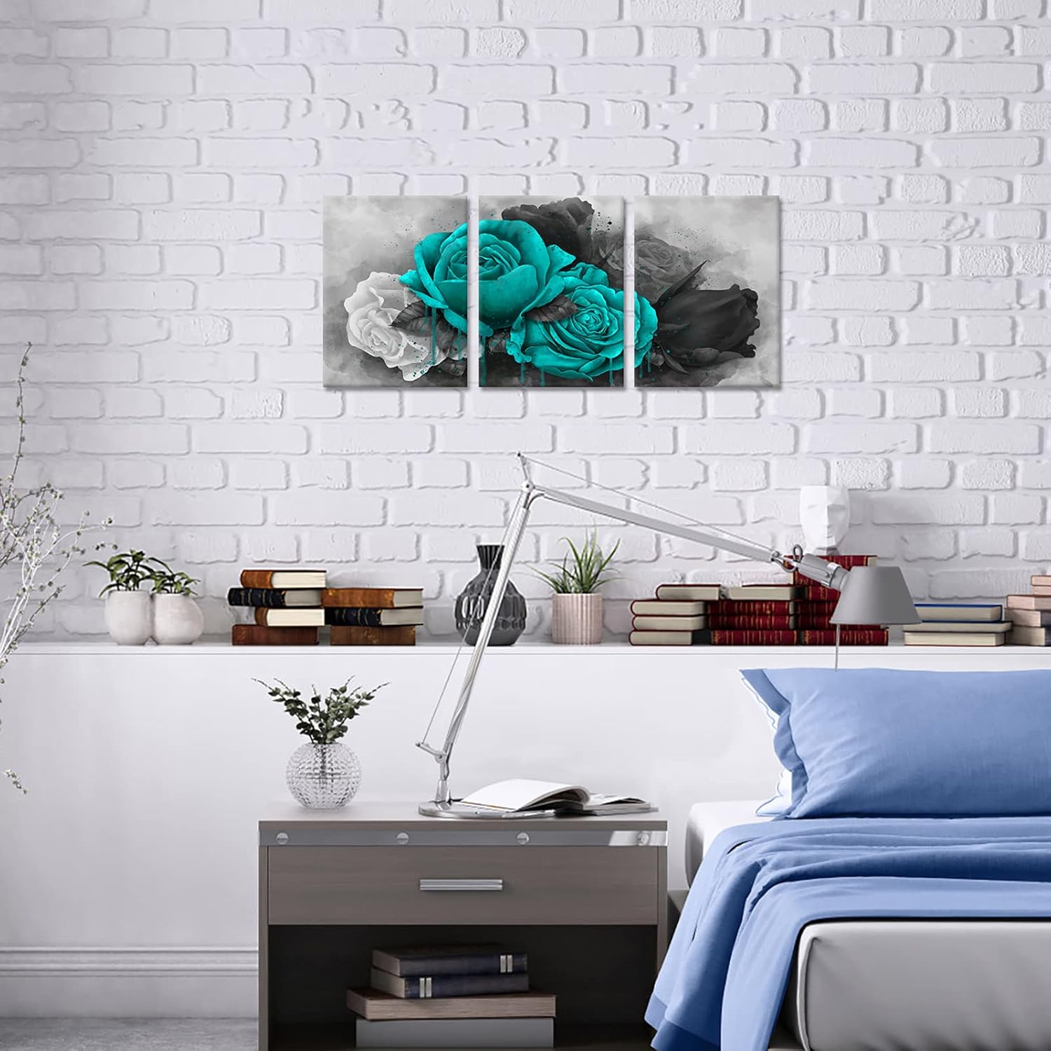 sechars Teal and Grey Canvas Wall Art Rose Flower Painting Picture Turquoise Floral Prints Teal Bedroom Bathroom Decor - Image 5
