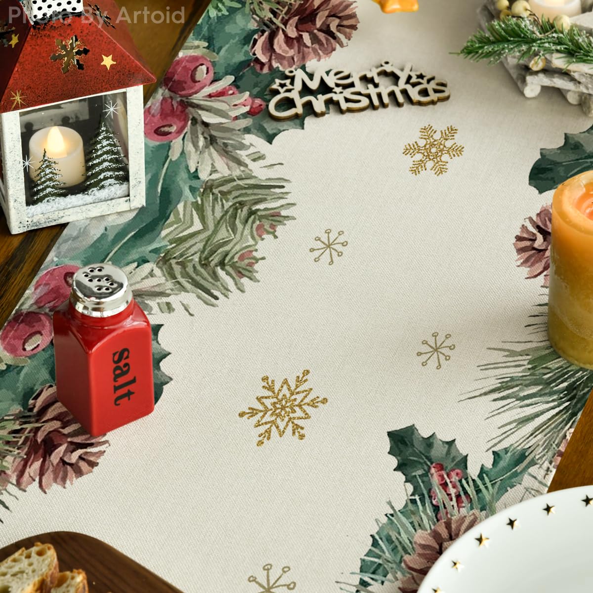 Artoid Mode Chemin de table de Noël en forme de renne, pommes de pin, motif floral d'hiver pour cuisine, salle à manger, décoration de table pour la