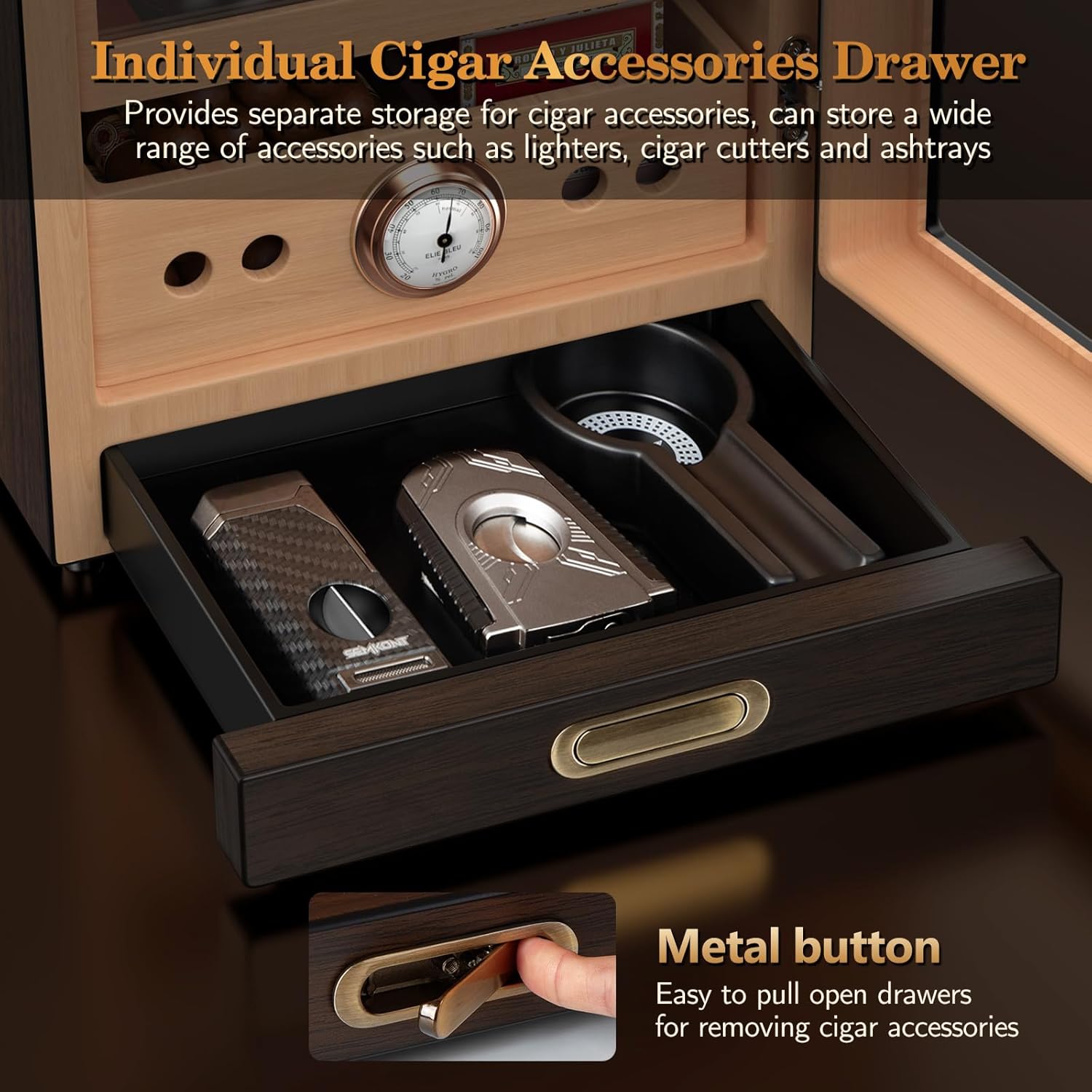 Cigar Humidor, Lighted Control Magnetic Door Desktop Cigar Humidor Cabinet,with Cigar Accessory Drawer and 2 humidifiers 3 Layer Large Capacity Humidor,Hold 100-150 Cigars (Brown) - Image 5