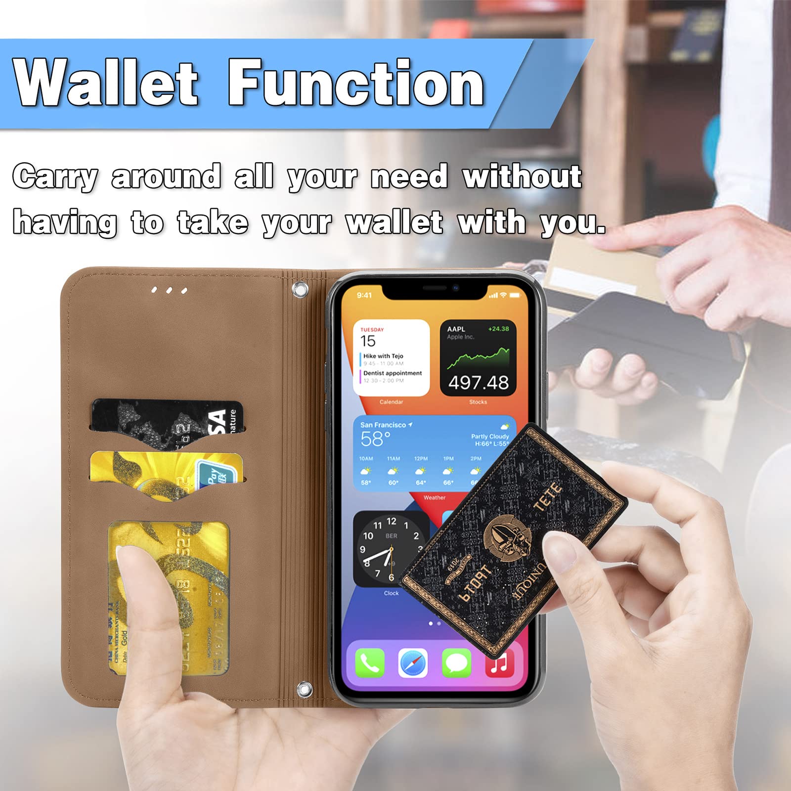Custodia A Portafoglio In Pelle PU Per IPhone 16 Pro Con Chiusura Magnetica - 2 Scomparti Carte E Tasca Contanti - Supporto Regolabile - Nero - 2