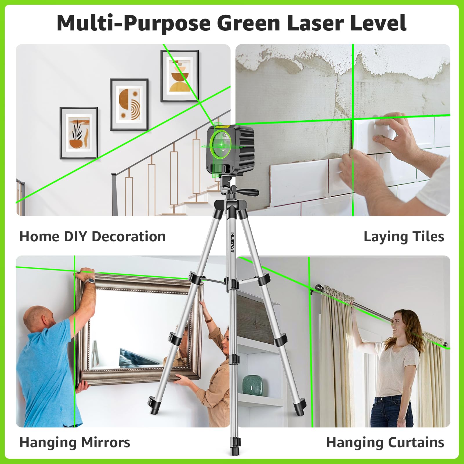 [nuovo aggiornamento]Laser a linea trasversale fai-da-te con 100cm treppiede,strumento di livello laser autolivellante Huepar 30M,laser a linea trasversale verde per appendere quadri, piastrelle-B011
