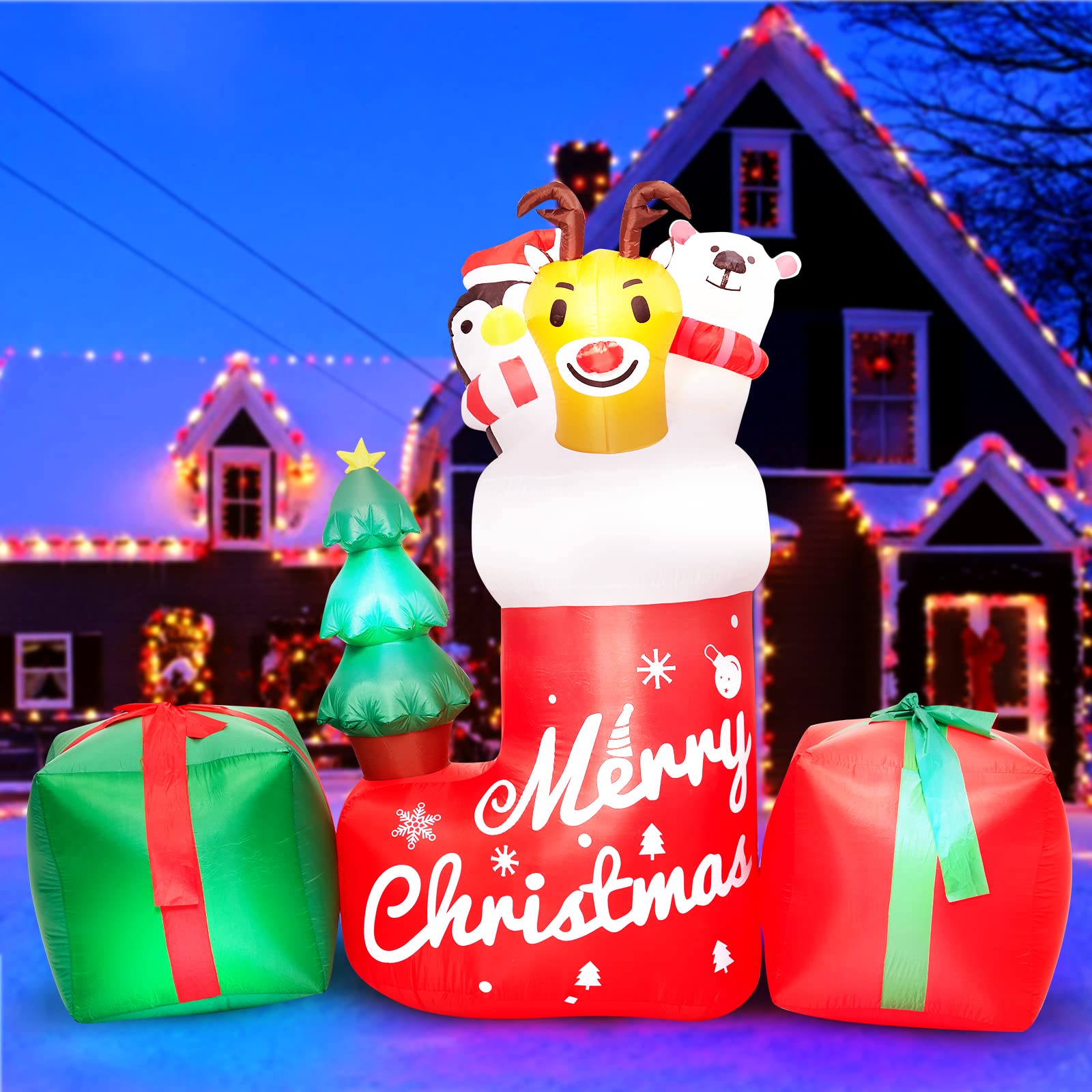 Garvee 8ft Aufblasbare Weihnachtsdekoration für draußen – Beleuchtetes Tier in Weihnachtssocke mit Geschenkbox – LED-Beleuchtung – Perfekt für Garten & Hof – Christmas Socks Animal Inflatable Model