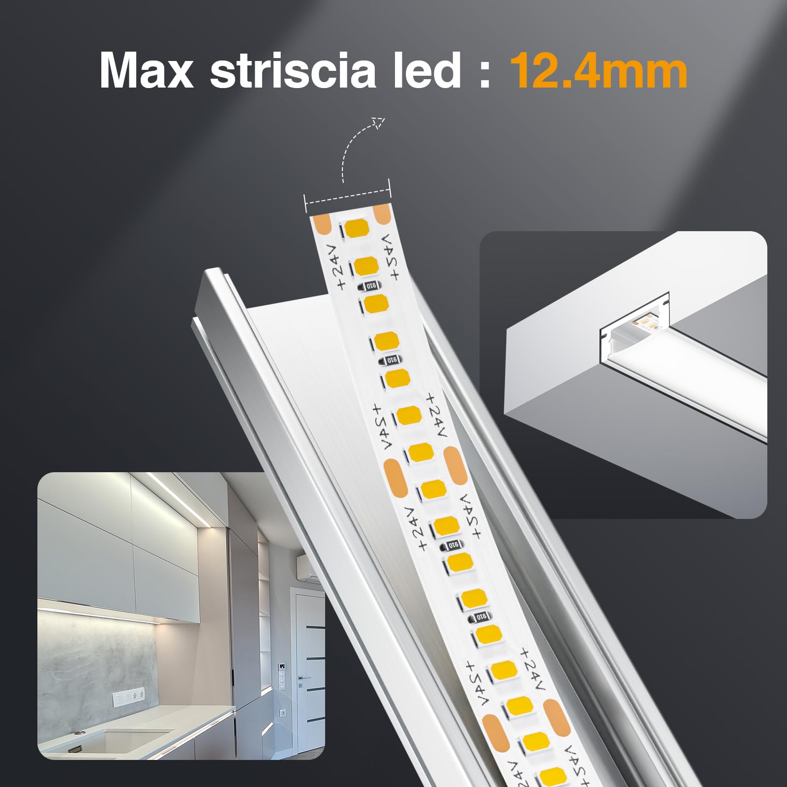 6 x Perfil de Aluminio para Tira LED 6x2 m, para Canales de Tiras LED de hasta 12.1 mm, con Cubierta Translúcida, Tapas Finales y Clips de Montaje (SP26, 6)