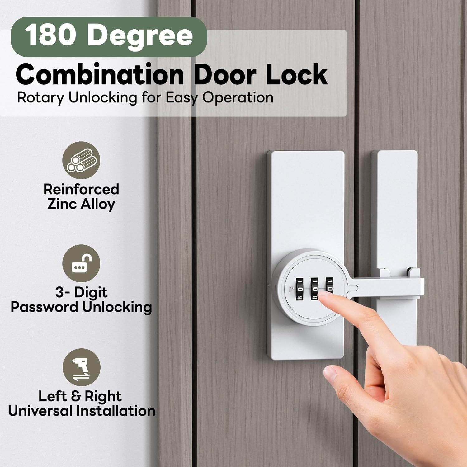 Keyless Password Barn Door Lock, 180 Degree Adhesive Cabinet Lock with 3-Digit Combination, Sliding Flip Door Latch with Glue and Screws for Gate, Closet, Shed, Pantry, Bedroom (White-2pcs)
