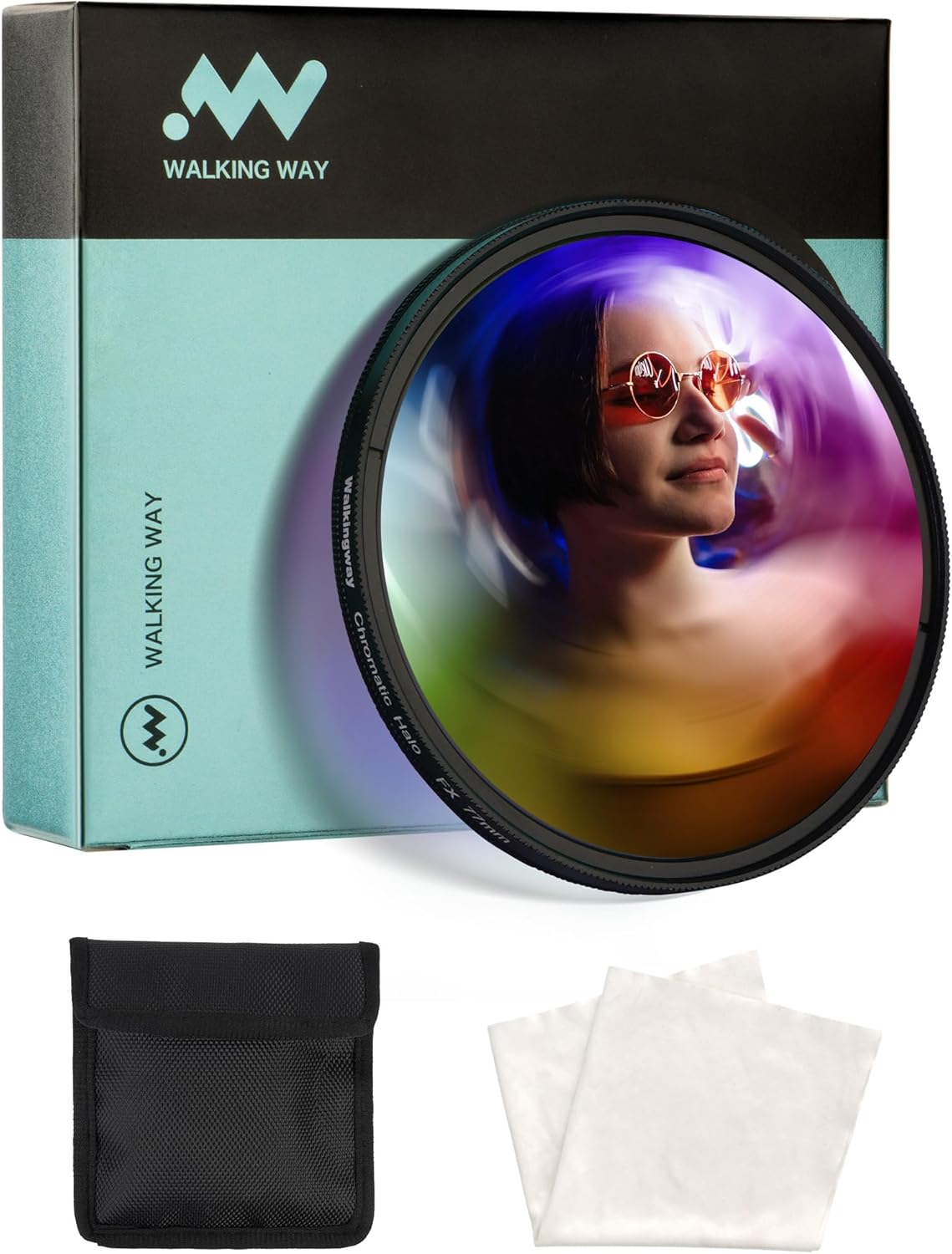 Walking Way 49MM Chromatic Multi-Coated Halo FX Filter - Iridescent Optical Glass Prism for Rainbow Swirl Distortion, Spectral Halos & Creative Portraits with Pouch & Cloth