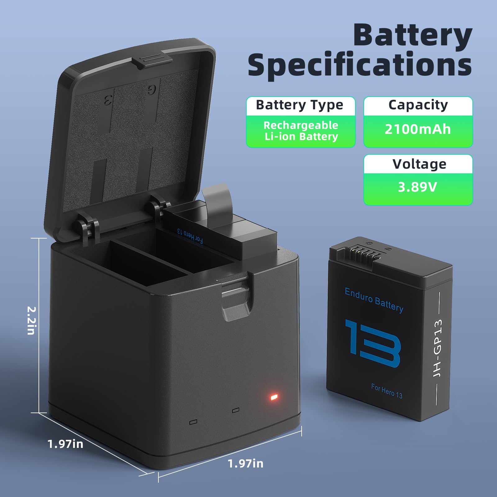 Paquete de 2 baterías de 2100 mAh compatibles con cámara GoPro Hero 13 negra con estación de carga de batería de 3 ranuras (cargador y 1 batería)