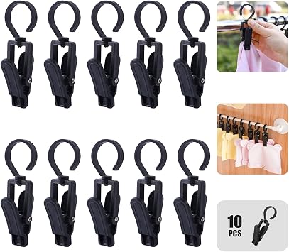 Rotating Laundry Hook Clip,Plastic Clothes Swivel Hanger,Multipurpose Anti-skid Clothespin,Hat/Cap/Socks/Scarf Hanging Organizer,Heavy Duty/Windproof/Black Drying Clamp,Wardrobe Organizing Tool10pcs