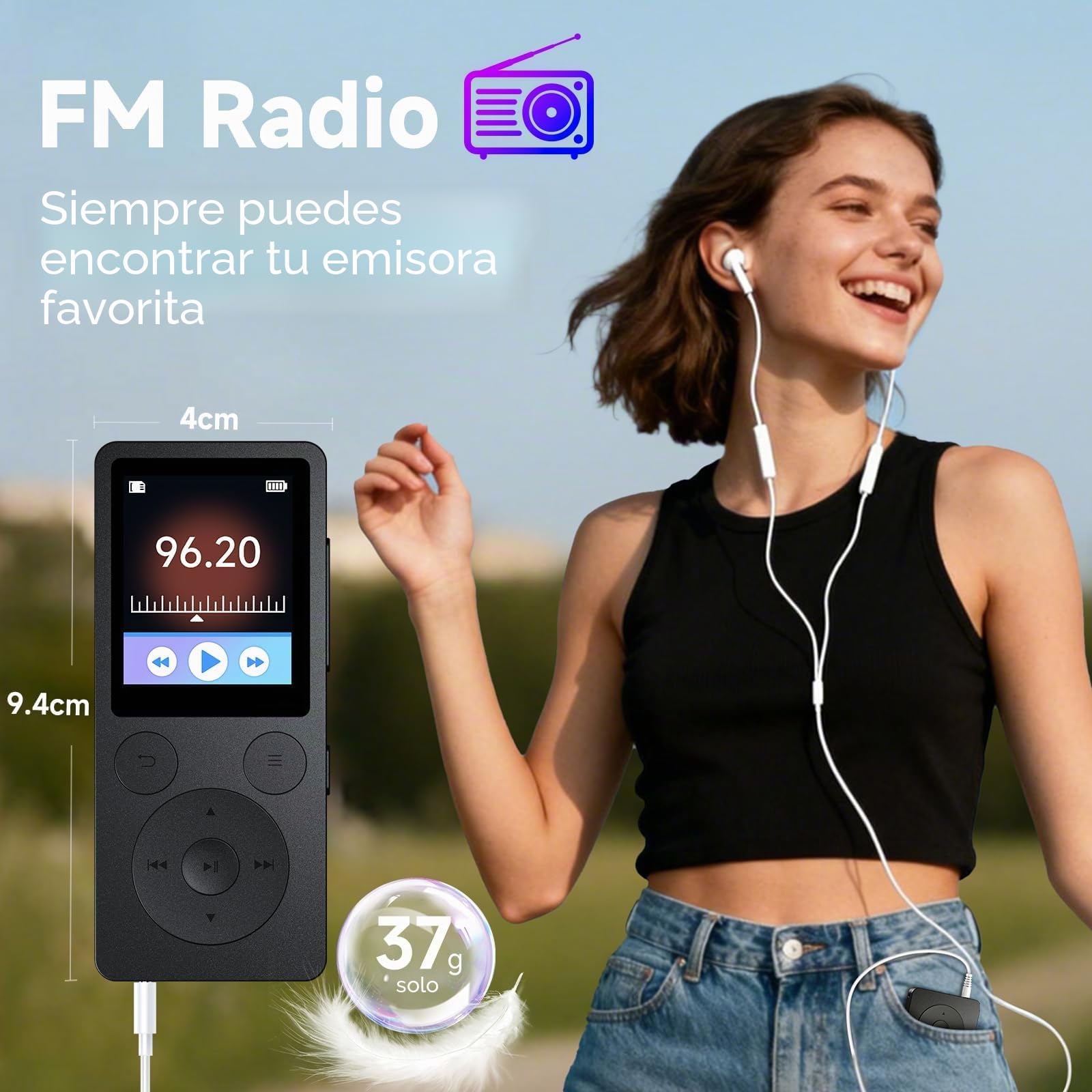 64GB Reproductor MP3 con Bluetooth 5.3 y Altavoz – Actualización con Teclas Físicas (Retroceso, Menú, Volumen), Solo 37g con Auriculares, Radio FM, Grabadora de Voz, Diseño Mini, Ampliable hasta 128G