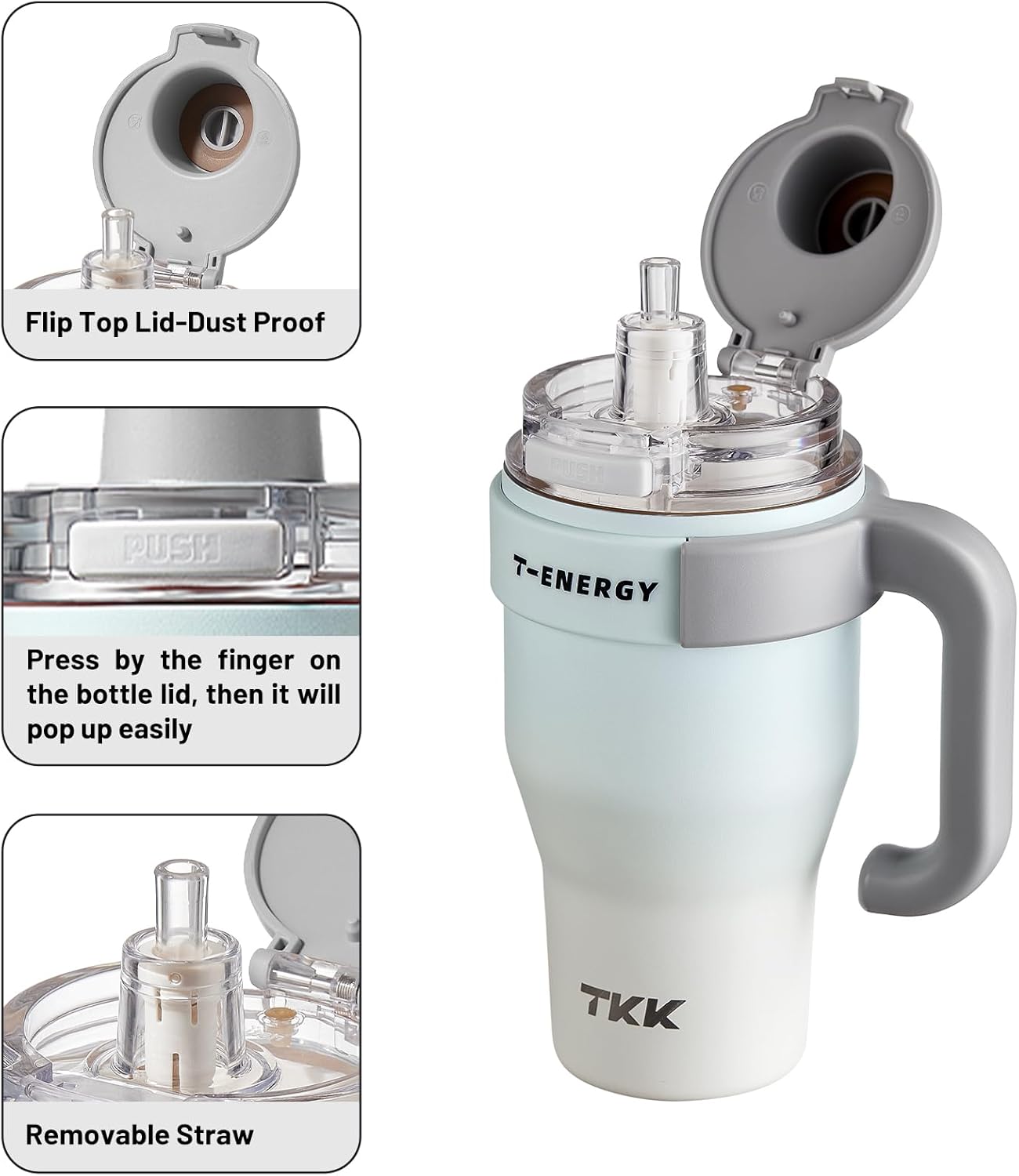 TKK 27 oz Tumbler with Handle and Straw, Ceramic Coating Insulated Bottle 100% Leakproof Travel Mug for Water, Iced Tea or Coffee, Smoothie, Cup Holder Friendly Base, BlueWhite - Image 5