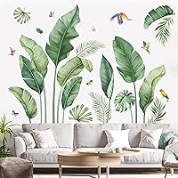 Decalmile Tropical Palm Leaves Wall Decals - Removable Green Banana Leaf Plants & Birds Stickers for Living Room TV Background