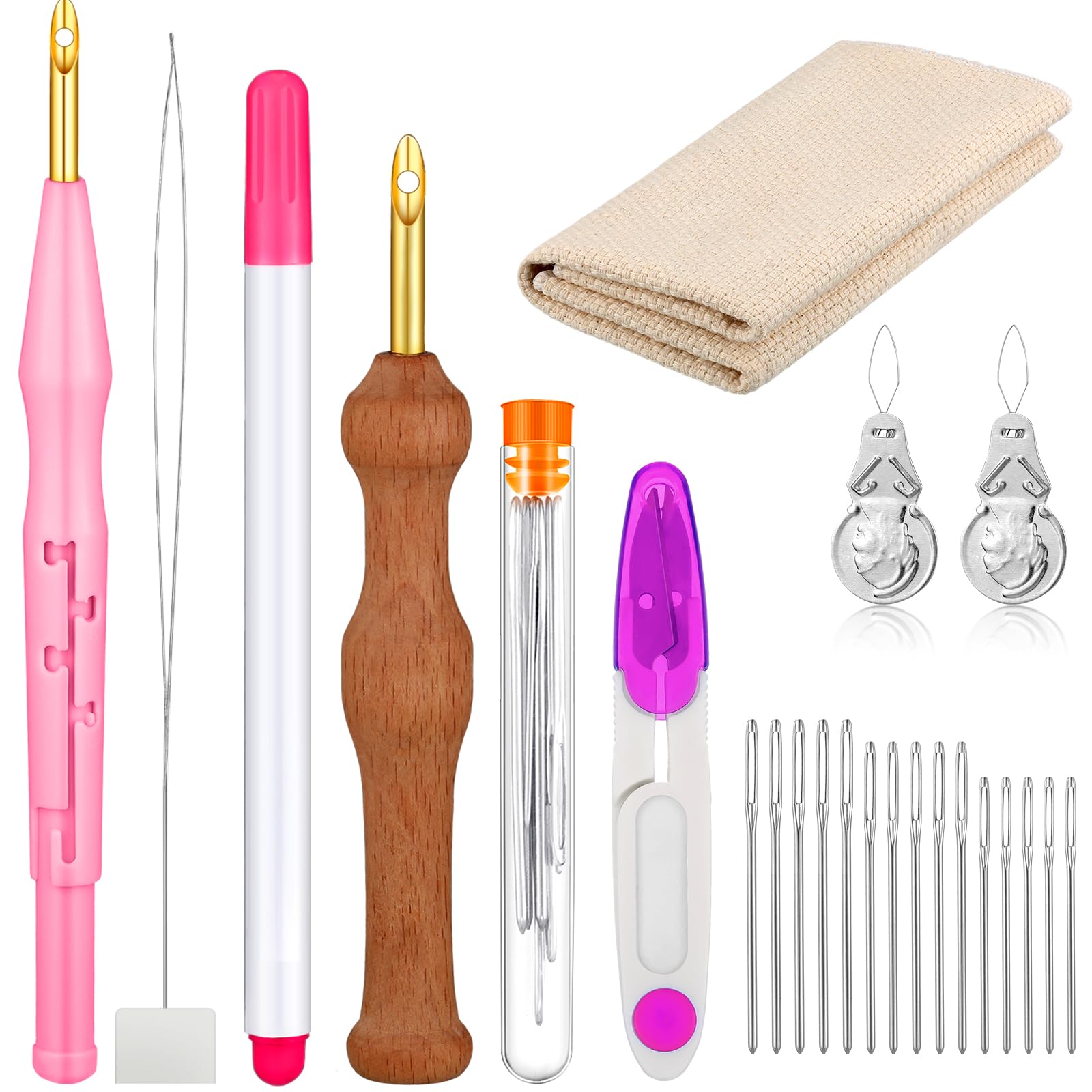 WILLBOND 17 Pcs Punch Needle Kit Adjustable Punch Needle Tool Include Wooden Handle Embroidery Pen Cloth Large Eye Sewing Needles for Beginners Adults DIY Craft Gifts(Pink, Purple)