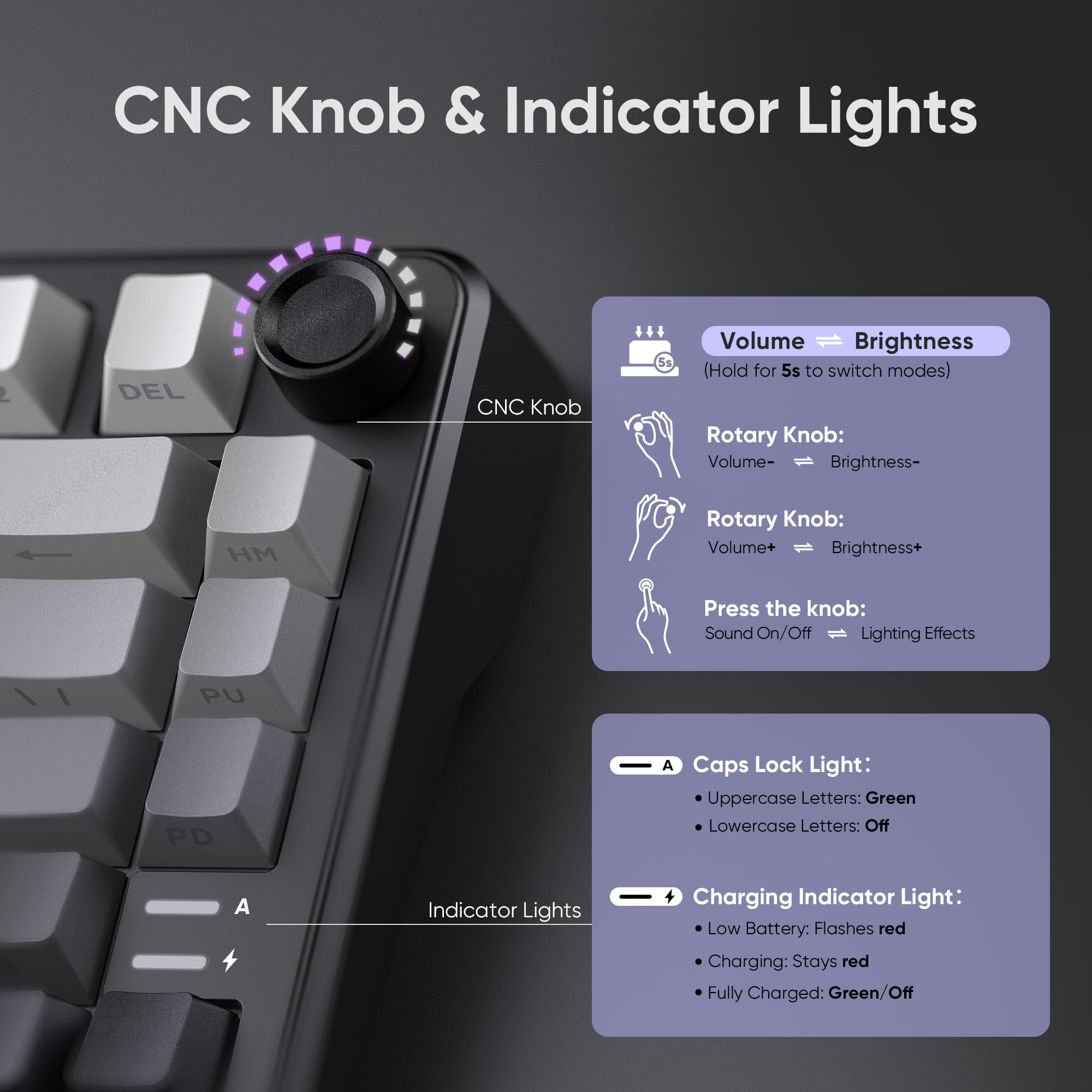 RedThunder K75 75% Wireless Mechanical Gaming Keyboard,Creamy Gasket-Mounted,Volume Knob,US Layout,Keycaps-Side Print,2.4G/BT/USB-C,RGB Underglow Lighting,Hot swappable Fast Apricot Switch for PC Mac — view 3