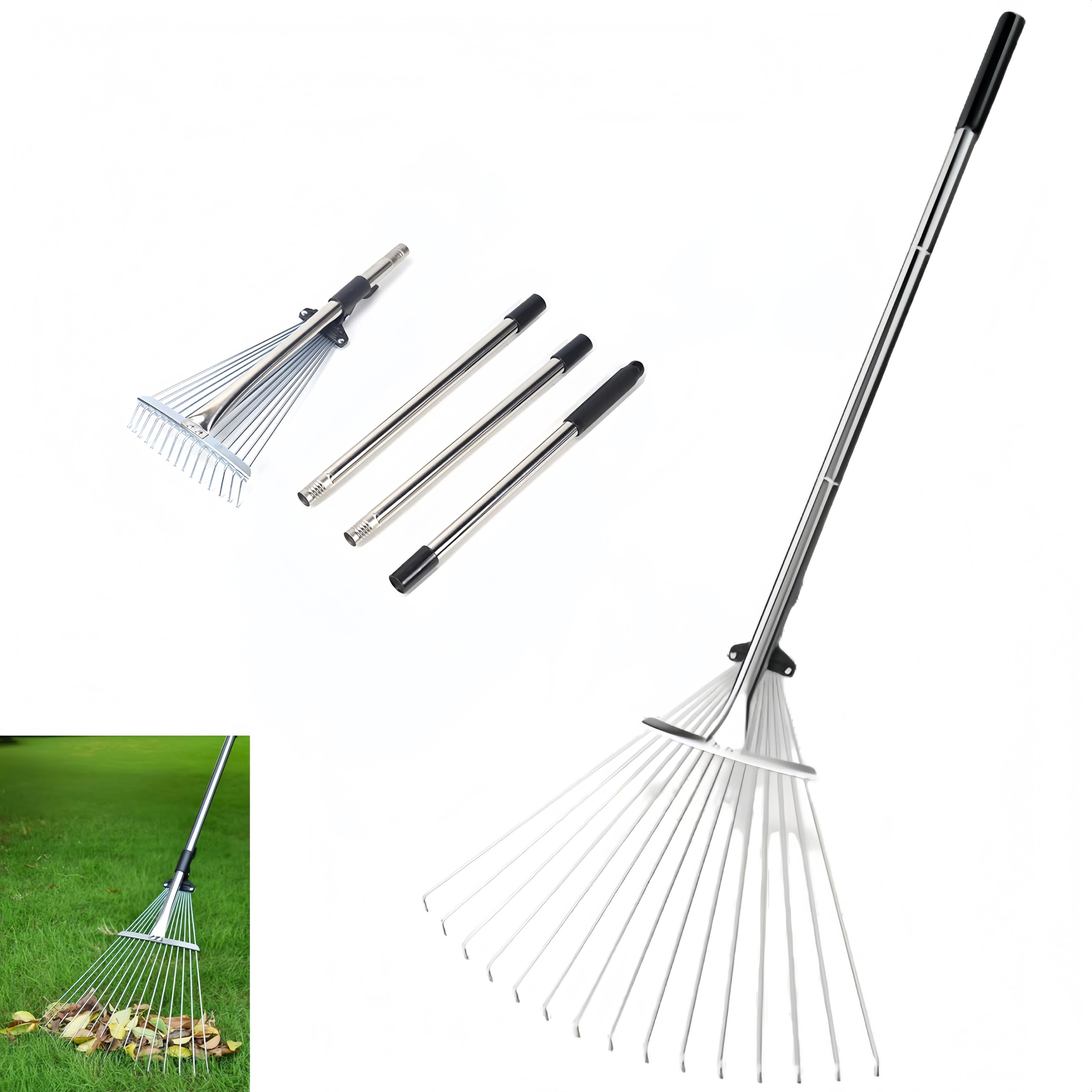 Rastrillo de jardín para hojas, rastrillo de hojas ajustable de metal resistente para césped, mango largo de 85-175 cm con cabeza expandible de 17-37 cm, herramientas de jardín para patio, césped