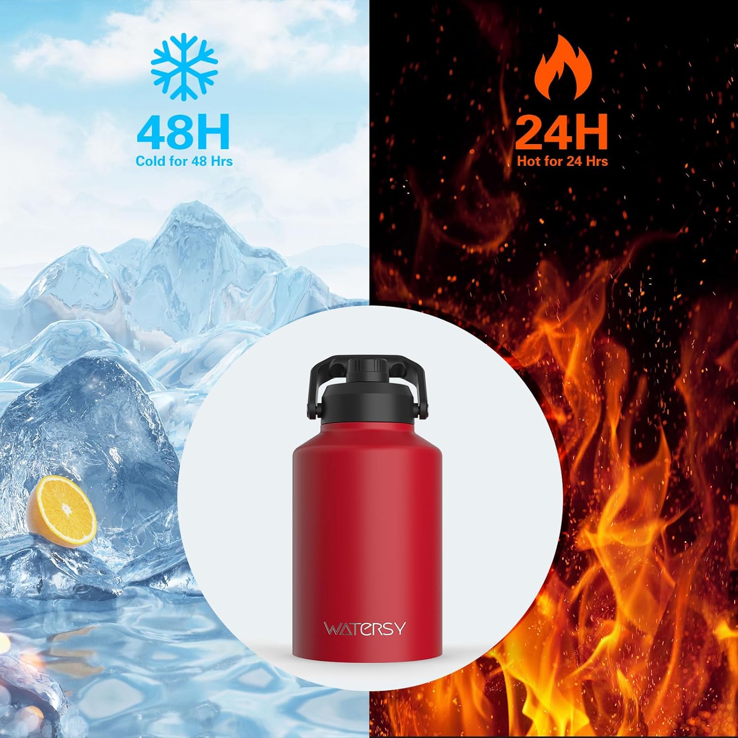 WATERSY 1 Gallon Water Bottle Insulated(Cold for 48 Hrs),BPA Free&Leak Proof,128oz Stainless Steel Water Jug,Big thermo,Large Water Bottle with Handle for Gym,Hiking,Camping&Travel,Red - Image 2