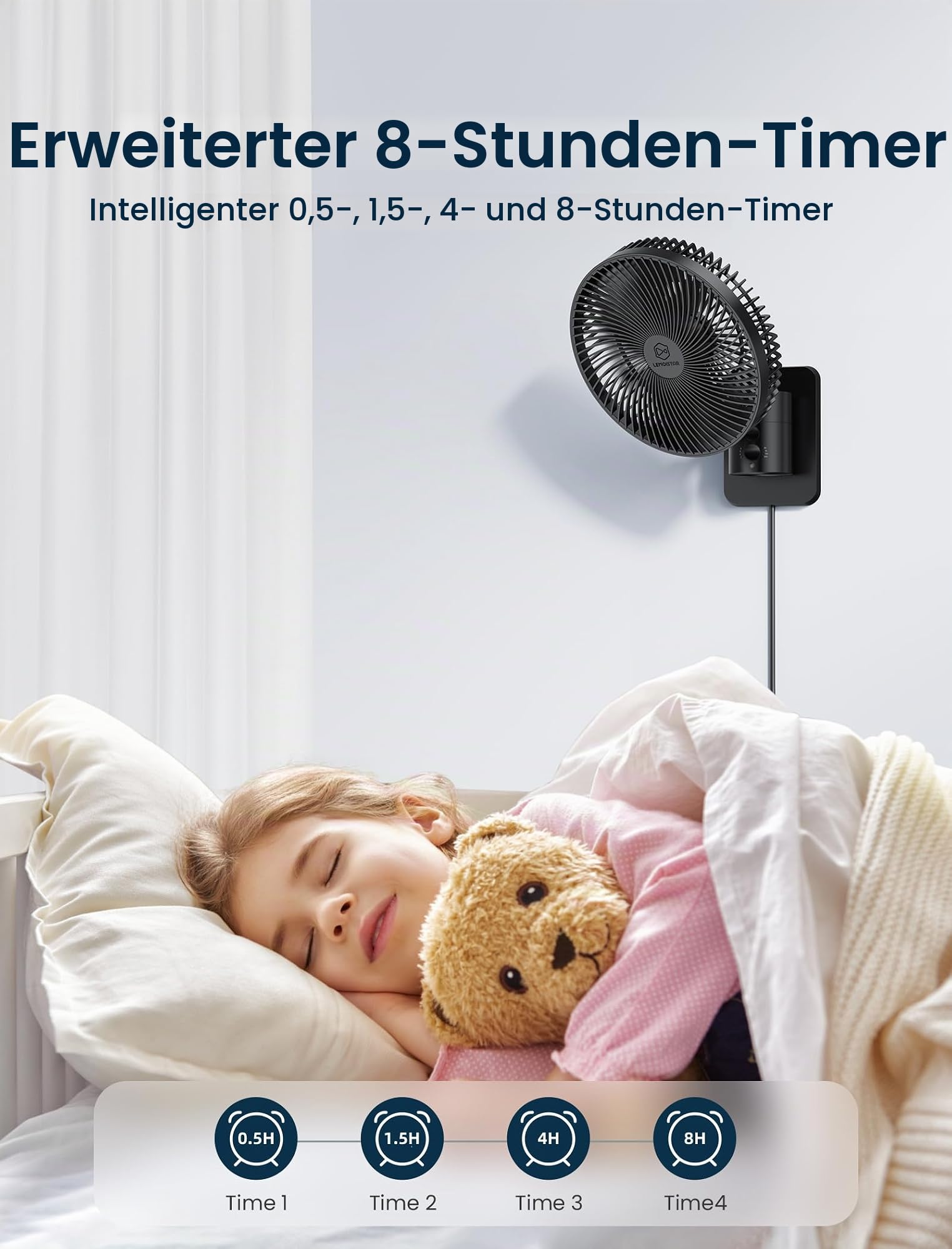 Leiser Wandventilator 8,5 Zoll mit Fernbedienung Timer 4-stufig einstellbar Neigung 1,8 m
