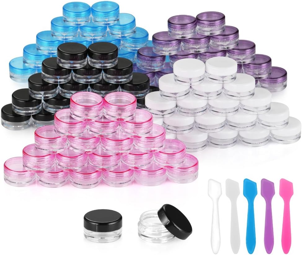 Accmor 100 Pieces 3g Empty Sample Containers with Lids Cosmetic Jars with 5 Pieces Mini Spatulas