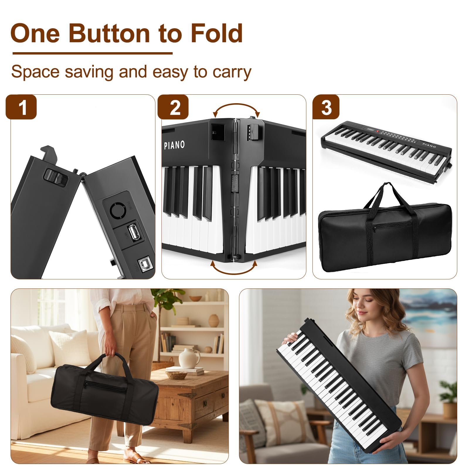 Buinblu Electronic 88 Key Piano Keyboard,Bluetooth Foldable Full Size Semi-Weighted Digital Pianos with Power Adapter,Pedal,Sheet Music Stand,Sticker,Bag,Gift for Beginners,Black