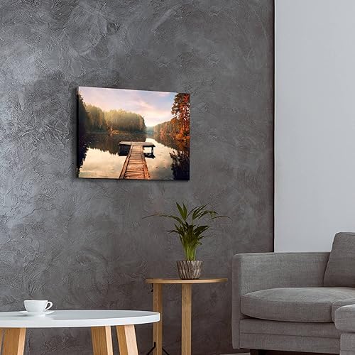 Miniatura 5 de Inpraradiso Lienzo de la naturaleza Decoración de la pared lago muelle paisaje imagen bosque árbol pintura panorámica escena de otoño impresión obra