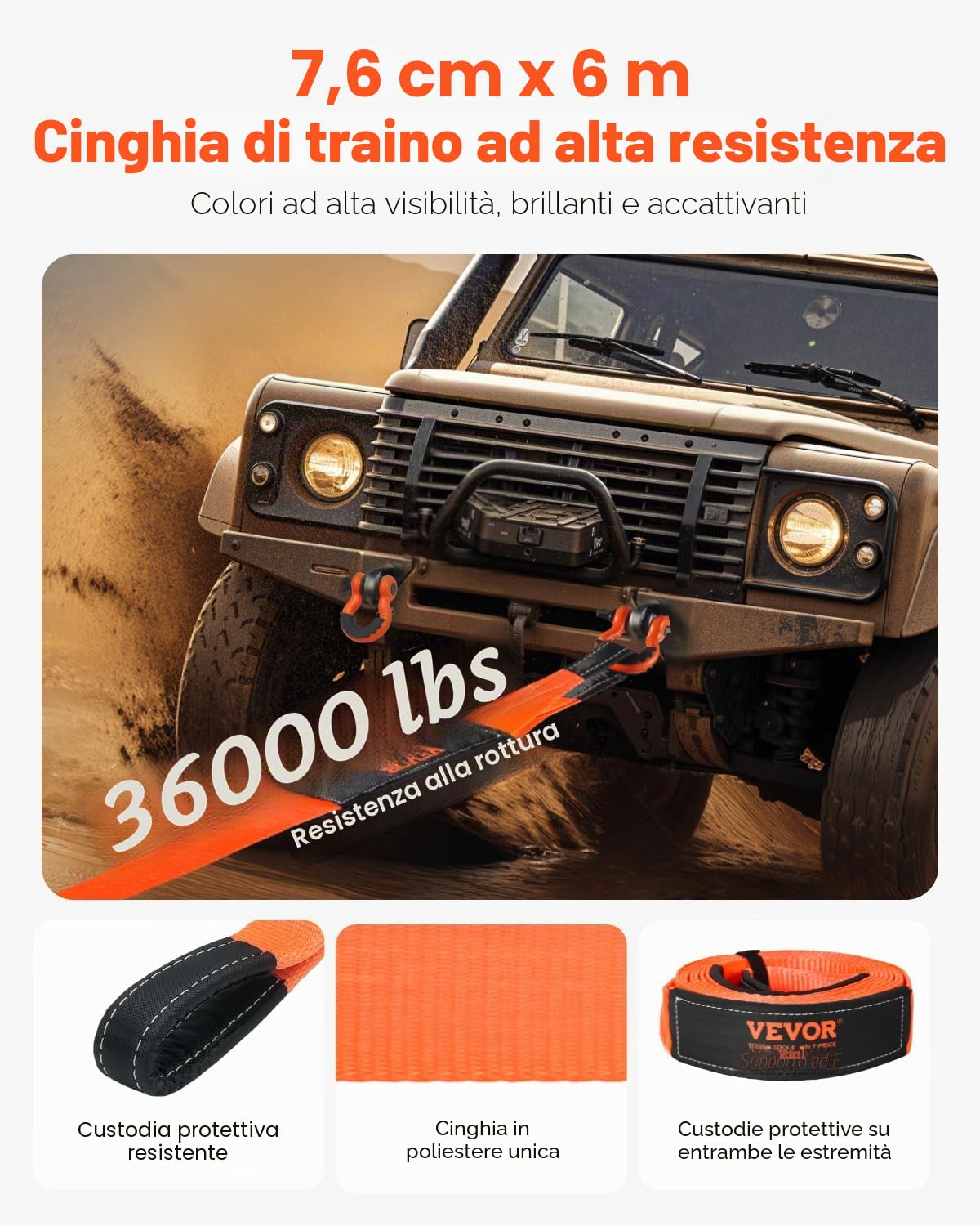 VEVOR Kit di Recupero con Cinghia di Traino per Impieghi Gravosi, Cinghia per Verricello Salva-Albero 76,2 mm x 6,1 m Resistenza alla Rottura di 16329 kg Triplo Anello Rinforzato, per Jeep, SUV, ATV