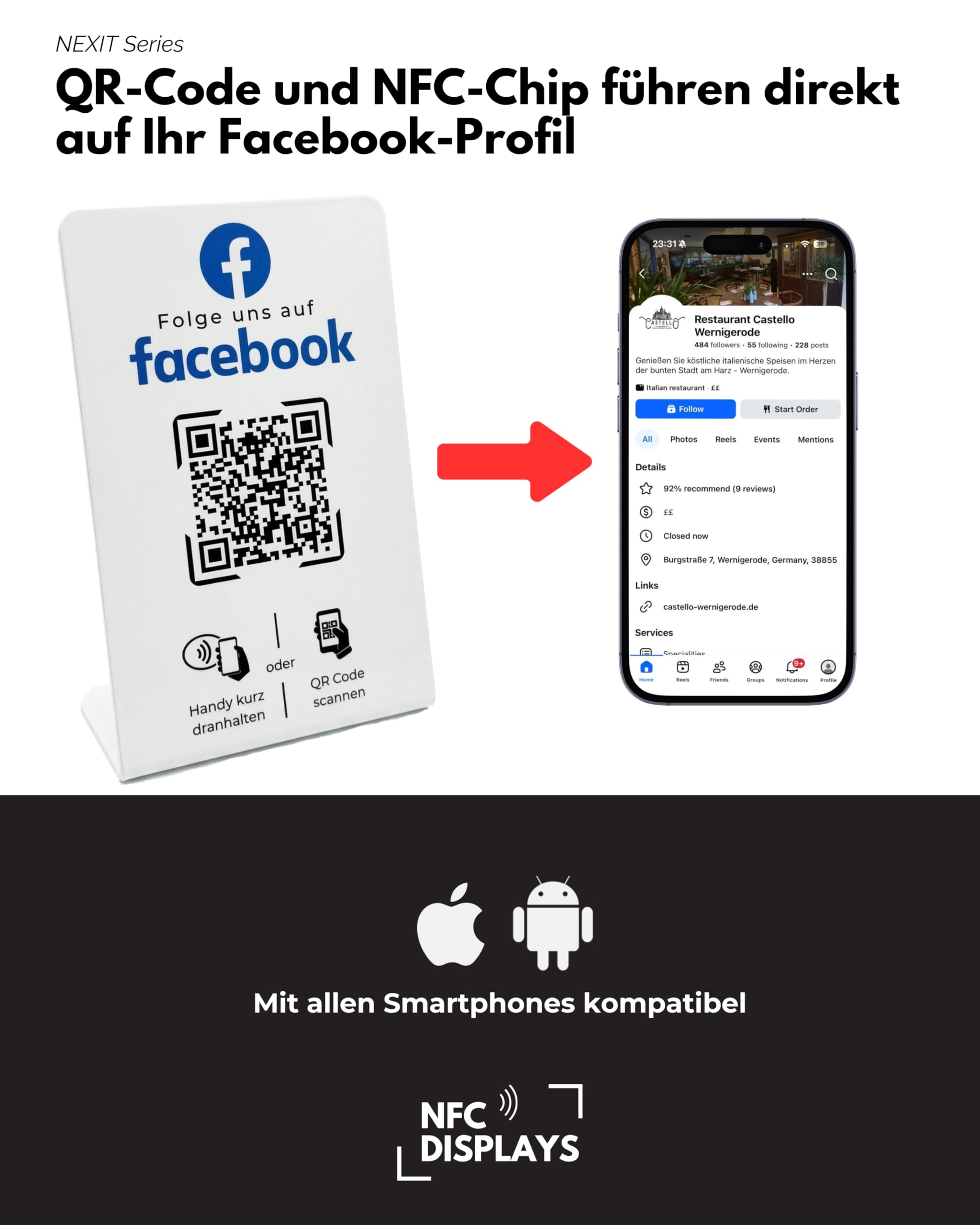 Aufsteller/Schild für Facebook mit QR-Code und NFC (16,5 x 10,5cm) - Deutsch