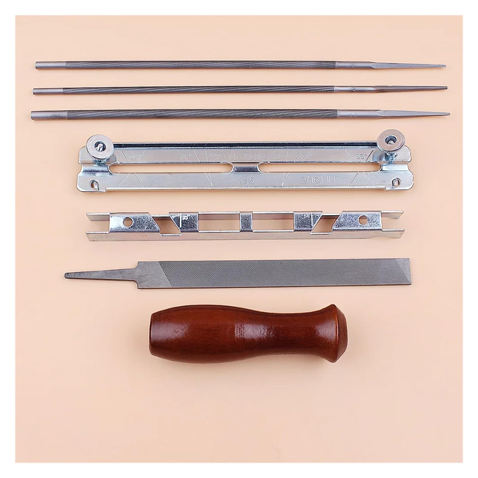 Juego de 7 Unidades de limas for afilar Cadenas de Motosierra, limas de 4mm, 4,8mm y 5,5mm for limas de Cadena de 3/8 ", 325", 404", Juego de Soporte de Madera