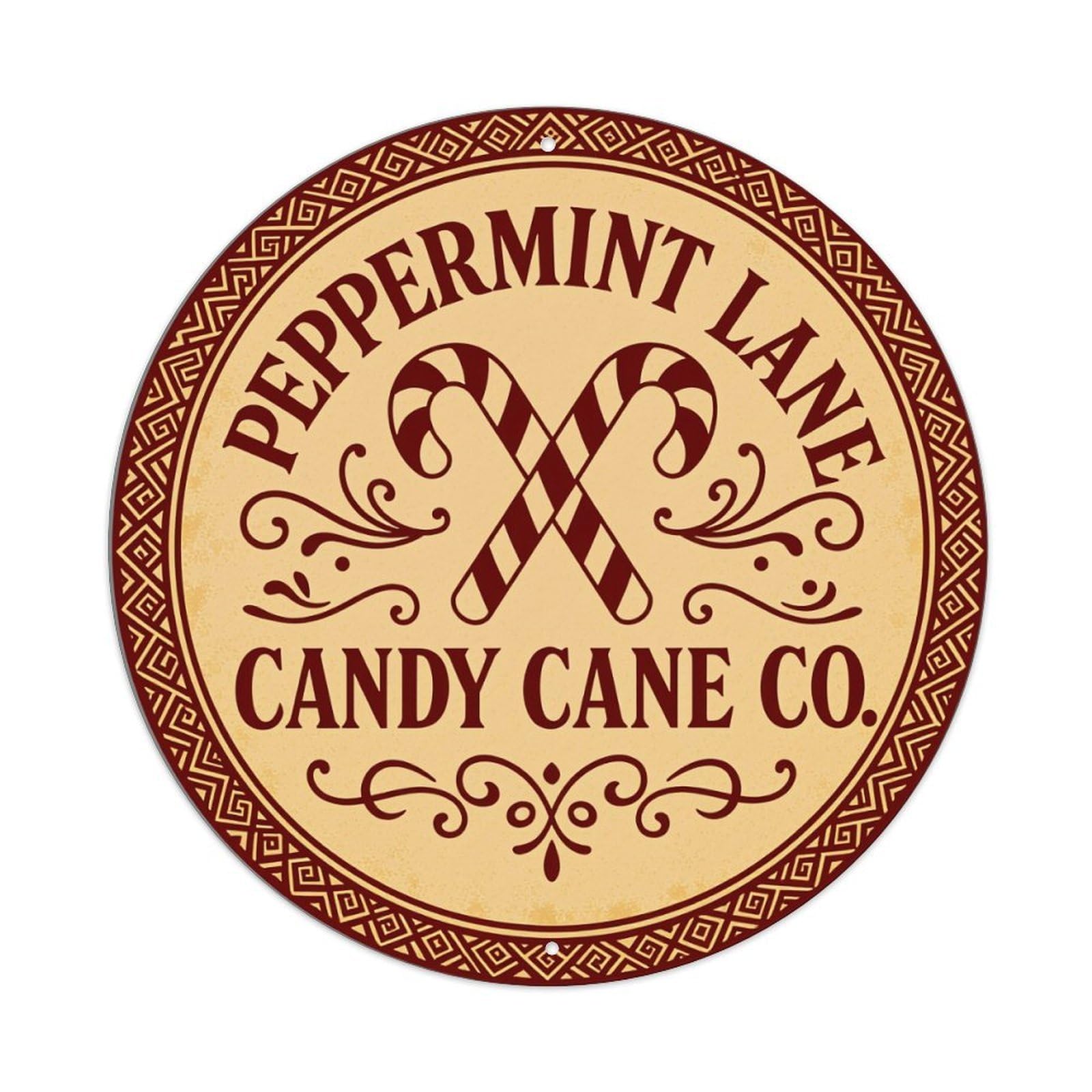 Wmlzdnwr Vintage Peppermint Lane Candy Cane Co Logo Design Round Tin Sign,Retro Wall Art,Metal Poster For Home, Bar, Garage, Cafe, Rustic Indoor & Outdoor Decor, 8X8 Inches