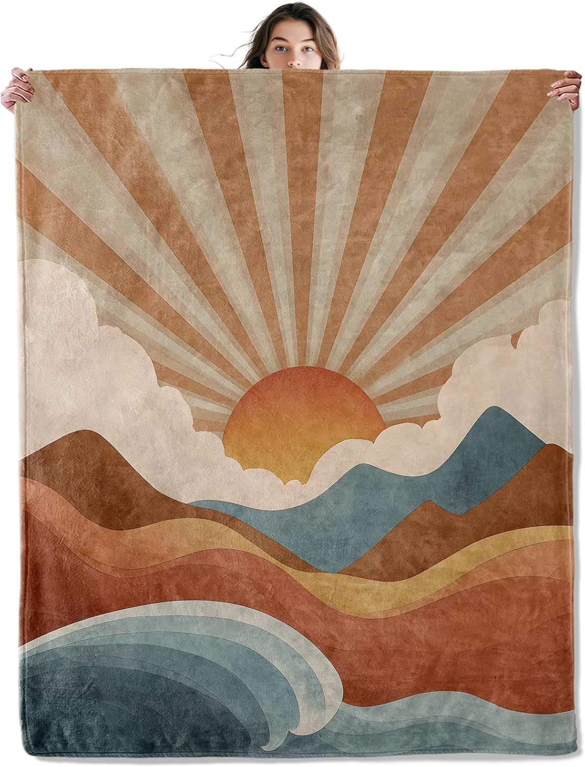 Retro Sunrise Throw Blanket Soft Cozy Lightweight Flannel Blankets with Vintage Mountain Wave and Sunray Art Printed for Nature Lovers Bedroom Dorm Office Home Decor Gifts 60x80 Inch