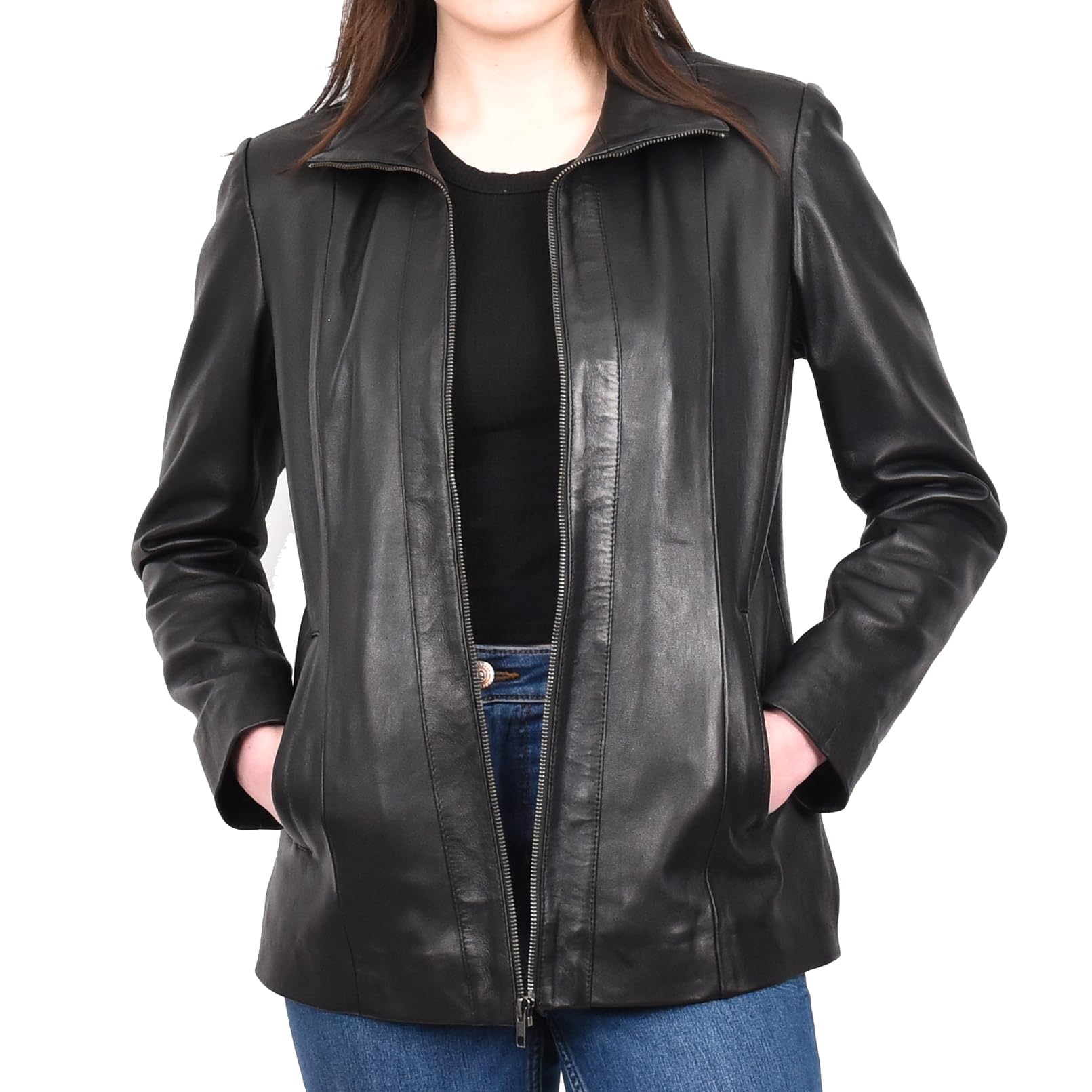 Divergent Retail Women's Classic Style Coat Genuine Leather Zip Fastening Ladies Jacket Black Reine (UK, Numeric, 24, Regular, Regular, Black)