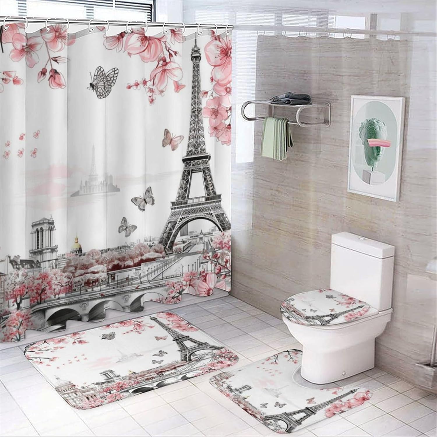4Pcs Floral Butterfly City Landscape Shower Curtain Set with Toilet Lid Cover U-Shaped Mat and Non-Slip Rugs, Paris Eiffel Tower Cherry Blossom Shower Curtain Bathroom Decor Set, 72" X 72"
