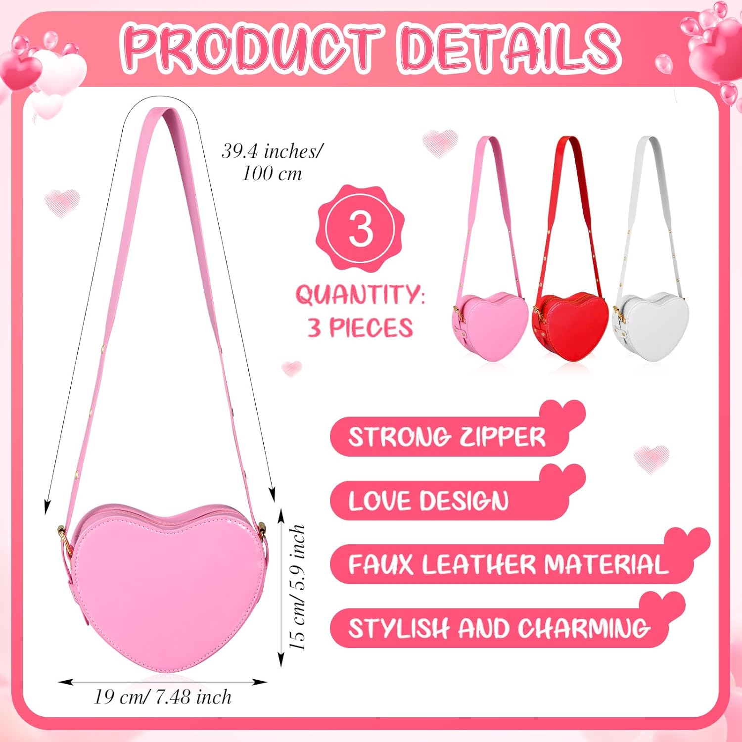 Dansydaisy Heart Crossbody Bag for Women, PU Leather Small Satchel Purse, Adjustable Strap, Valentine's Day Gift - Image 4