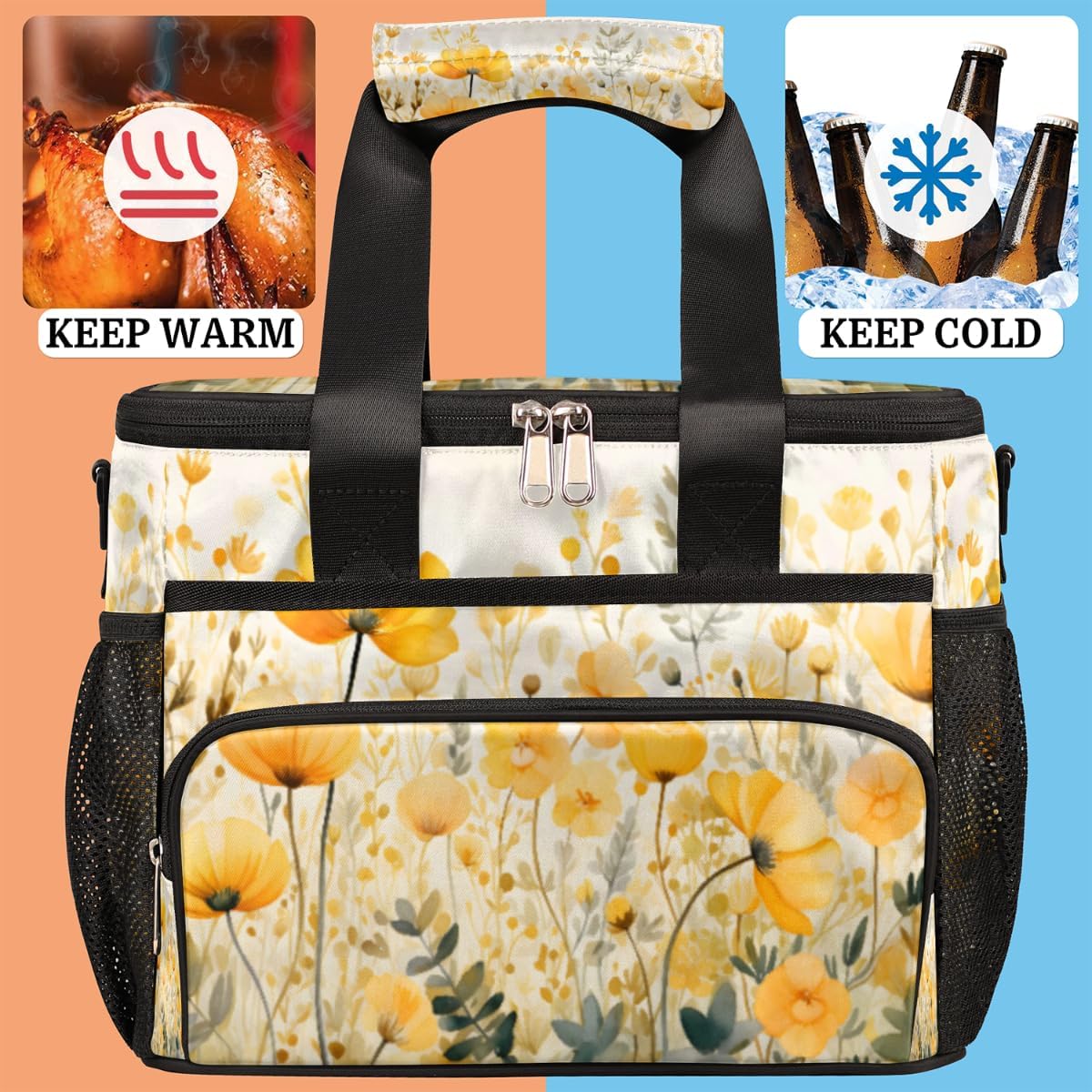 Floral Insulated Picnic Backpack Lunch Box for Women Men Picnic Basket Tote Lunch Bag Picnic Bag Portable Lunch Bags for Picnic, Beach, Work, Trip,Office, Camp Flowers Yellow