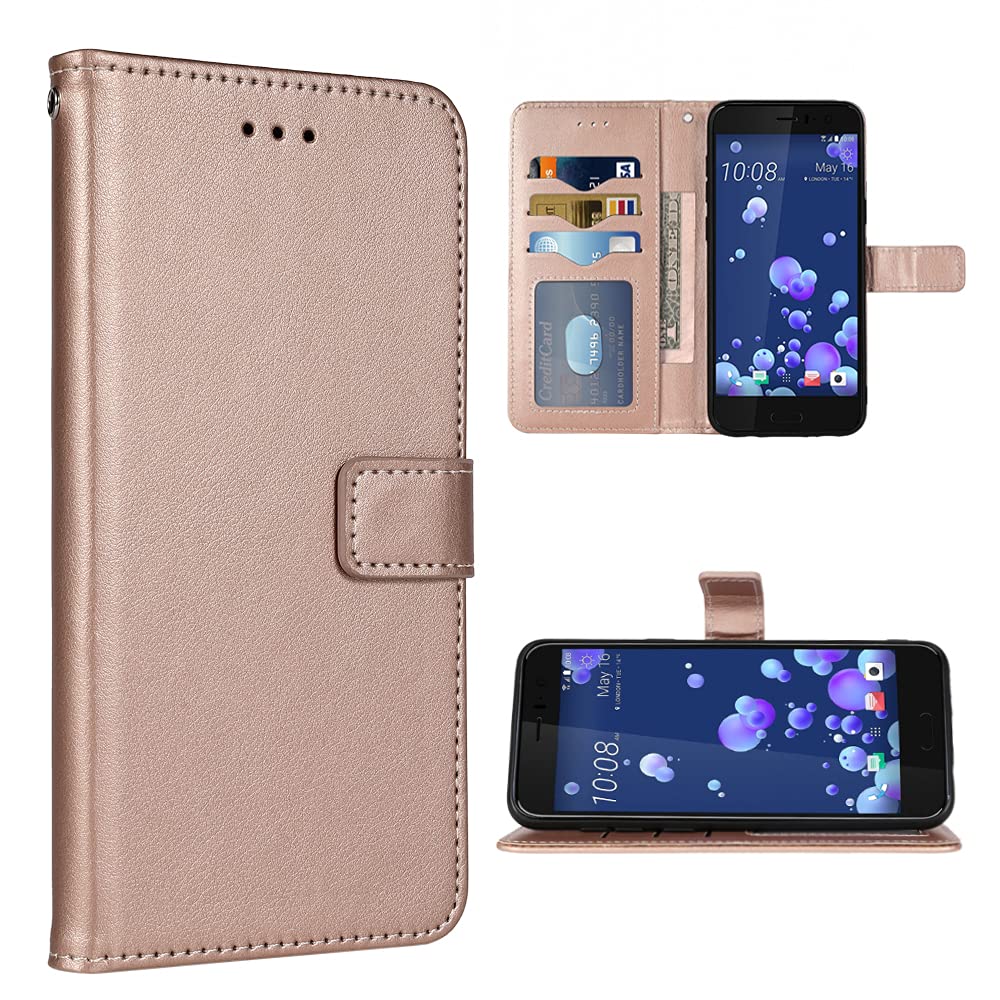 Compatible with HTC U11 Wallet Case Wrist Strap Lanyard Leather Flip Cover Card Holder Stand Cell Accessories Folio Folio Purse Credit ID Slot Phone Cases for HTCU 11 2017 Women Men Rose Gold