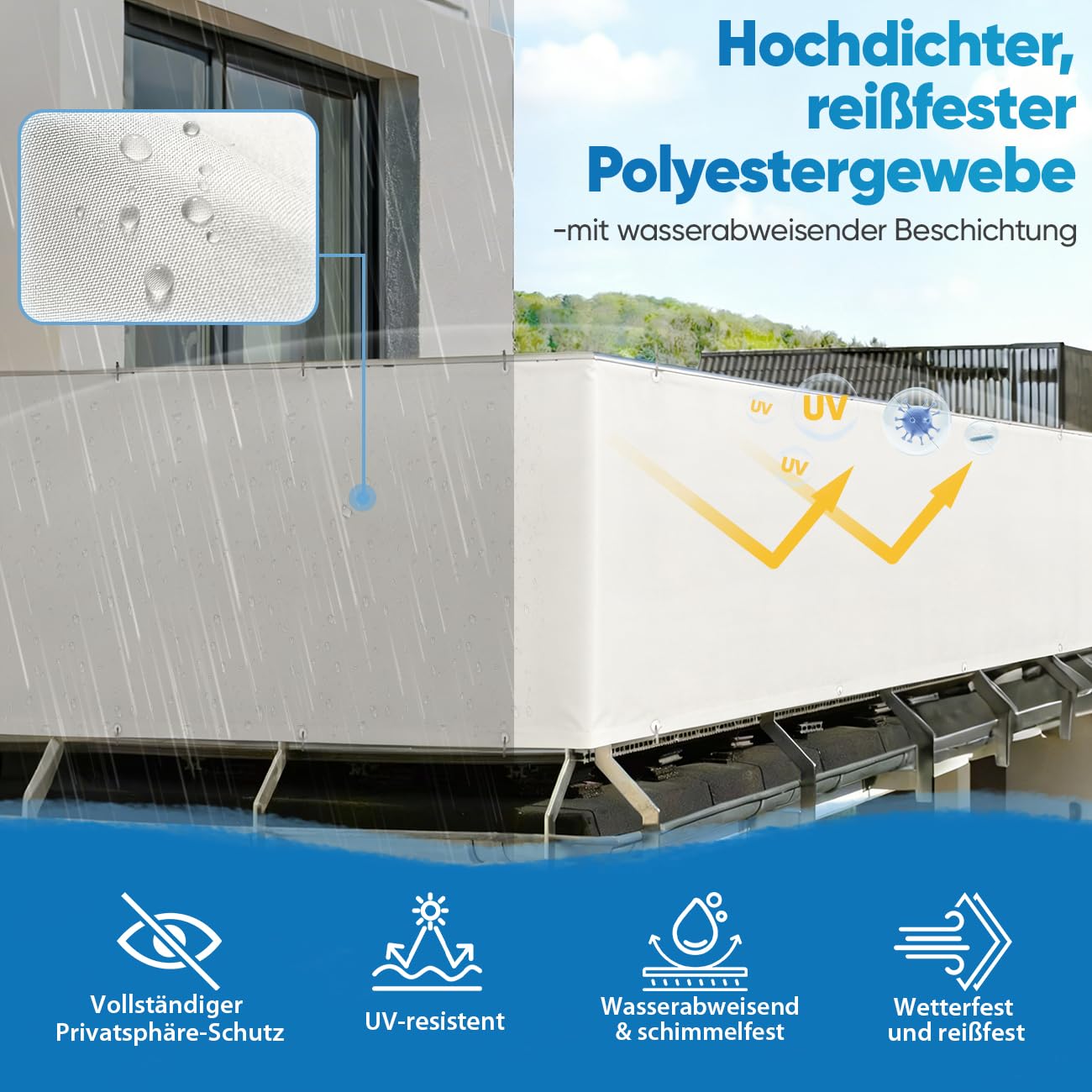 Sekey Balkon Sichtschutz Balkonabdeckung Balkonverkleidung blickdichte Wind- und UV-Schutz, 100% Privatsphäre, mit Ösen, Nylon Kabelbinder und Kordel, 90x600cm, Weiß