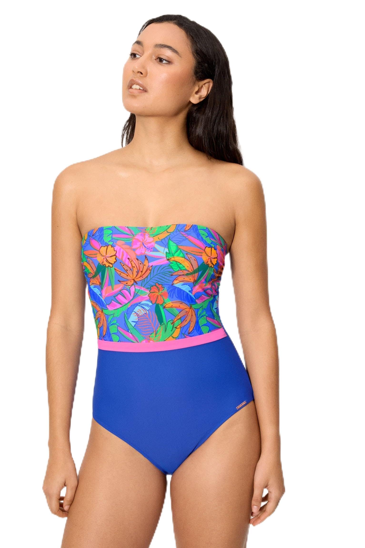 YSABEL MORA. Bañador Reductor Bandeau Estampado Tropical Copa B. con Compresión en Abdomen,Sin Aro Y con Relleno. Tirantes Desmontables Regulables. Define Y Moldea La Silueta .Colección Palms.