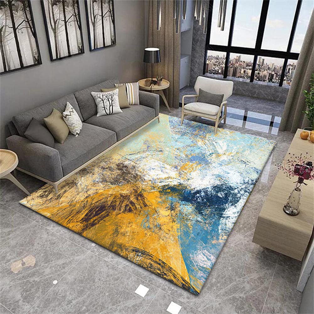 Tapis de salon abstrait bleu et jaune 120x140cm pour chambre de bébé