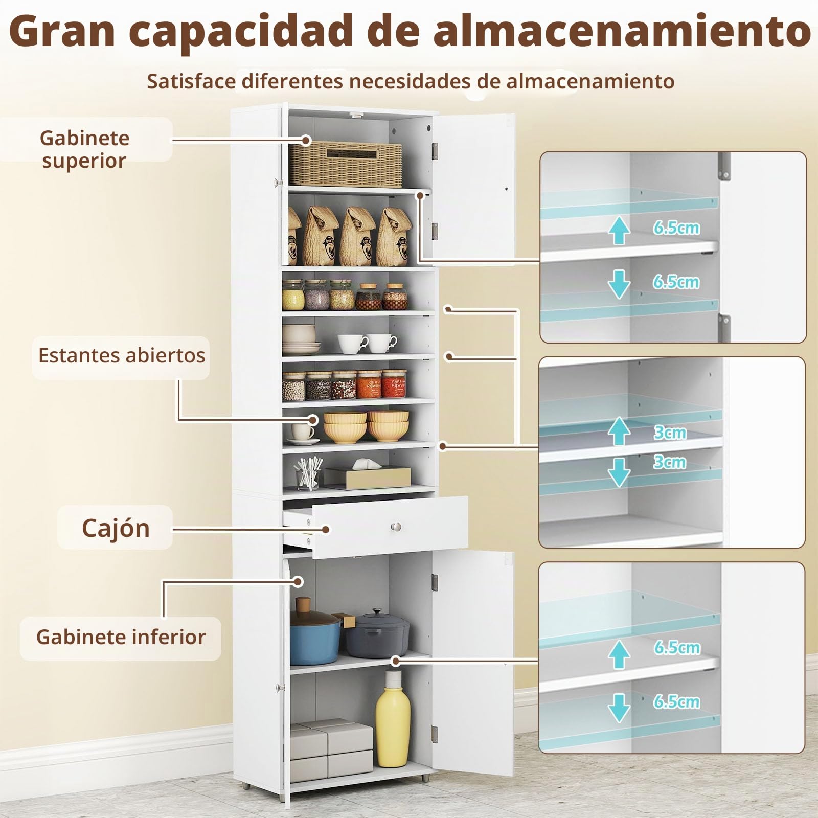 LIFEZEAL Armario de Baño Alto, Armario de Almacenamiento Compacto con 5 Compartimentos Abiertos, Cajón y Estantes Ajustables, para Baño y Sala de Estar, 50 x 24 x 180 cm