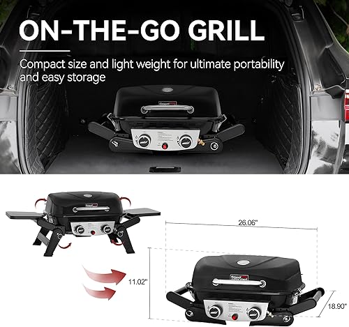 Miniatura 6 de Royal Gourmet GT2005 - Parrilla de gas propano portátil de 2 quemadores con mesas laterales plegables y patas de soporte plegables, parrilla de gas