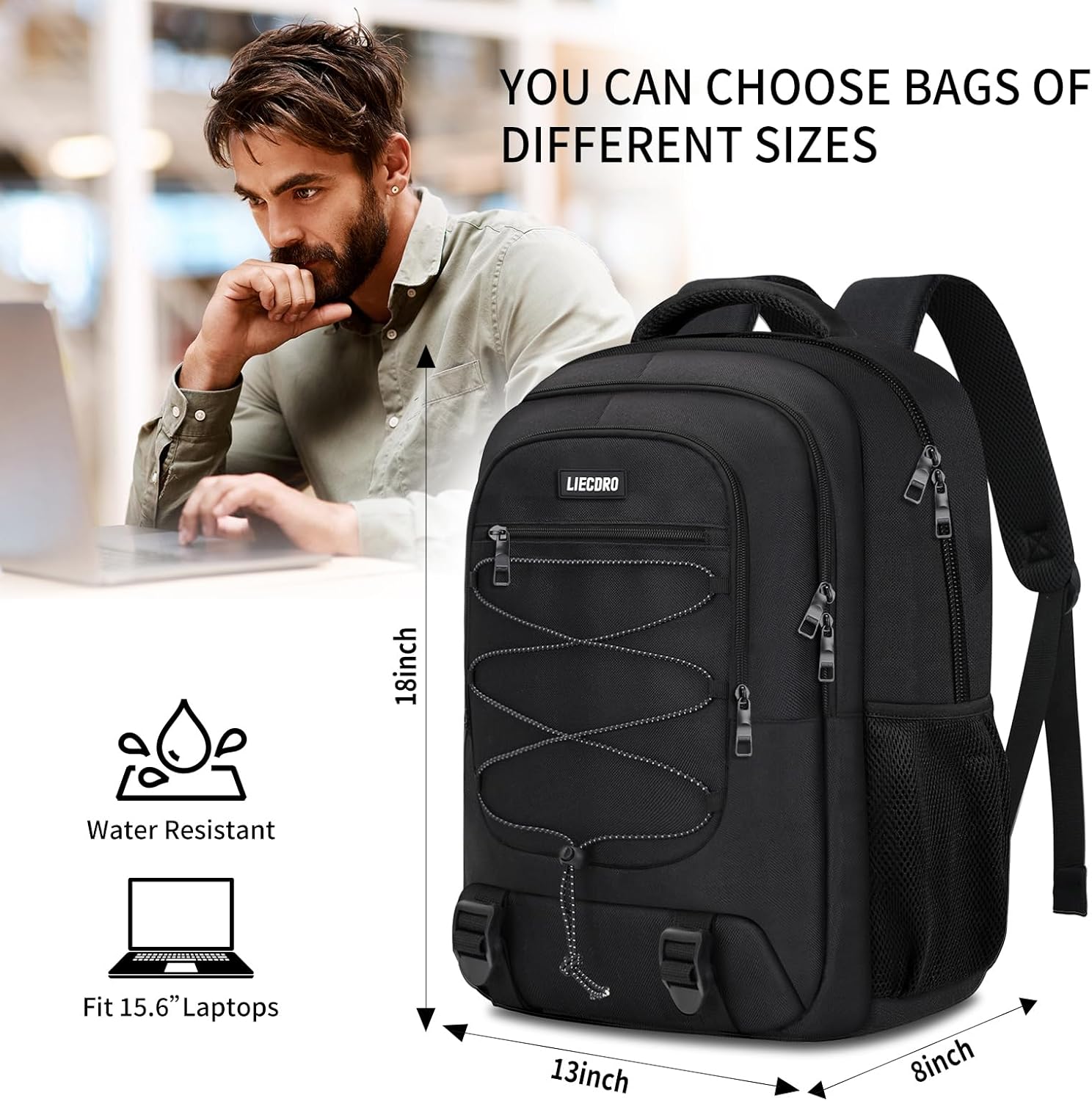 Black Travel Backpack for Men, School Backpacks for Boys Teens, 15.6 inch Laptop Back Pack with Reinforced Straps, Large College Book Bag, Business Work Travel Bookbag