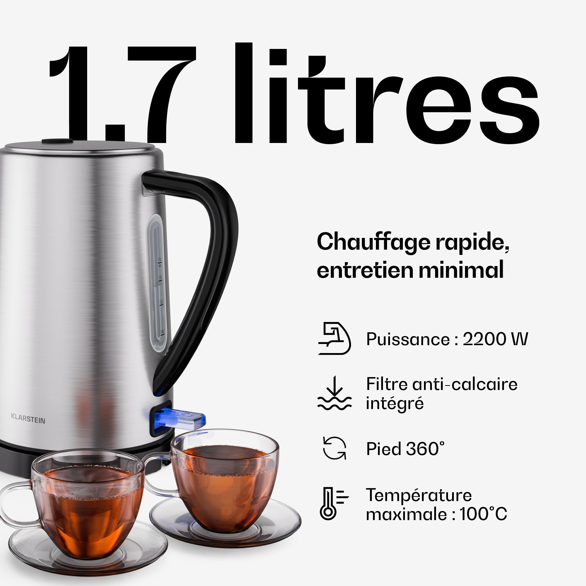 Klarstein Verosteel Set Petit-Déjeuner Complet – Grille-Pain 2 Fentes 7 Niveaux, Bouilloire Électrique Inox 1,7L, Cafetière Filtre 12 Tasses, Design Moderne, Support à Petits Pains