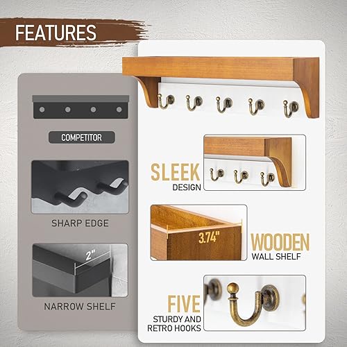 Miniatura 5 de Rebee Vision Soporte para llaves y correo para pared con estante, decoración de casa de campo con 5 ganchos rústicos para llaves y organizador de