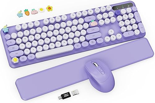 Miniatura 11 de Combo de teclado y mouse inalámbricos - Bonito teclado de máquina de escribir con reposamuñecas desmontable, teclas redondas retro, patas plegables,