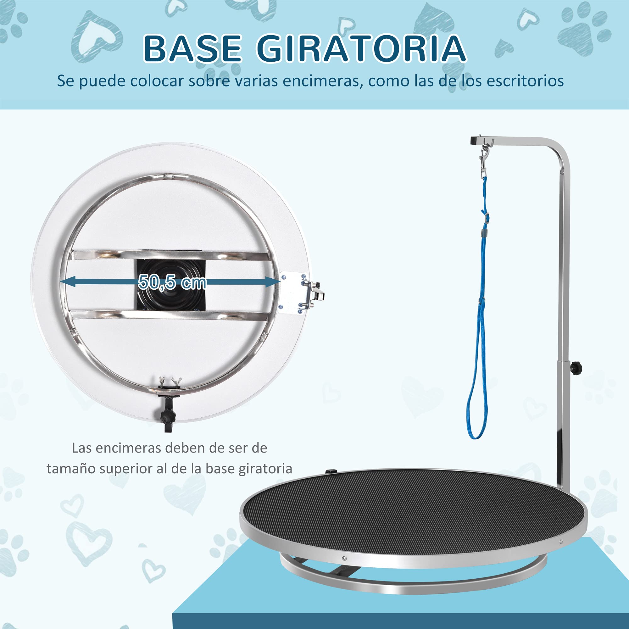 PawHut Mesa de Peluquería para Mascotas Mesa de Aseo con Base Giratoria Brazo Ajustable de 46-72 cm de Acero Inoxidable con Correa Ø65x10 cm Negro