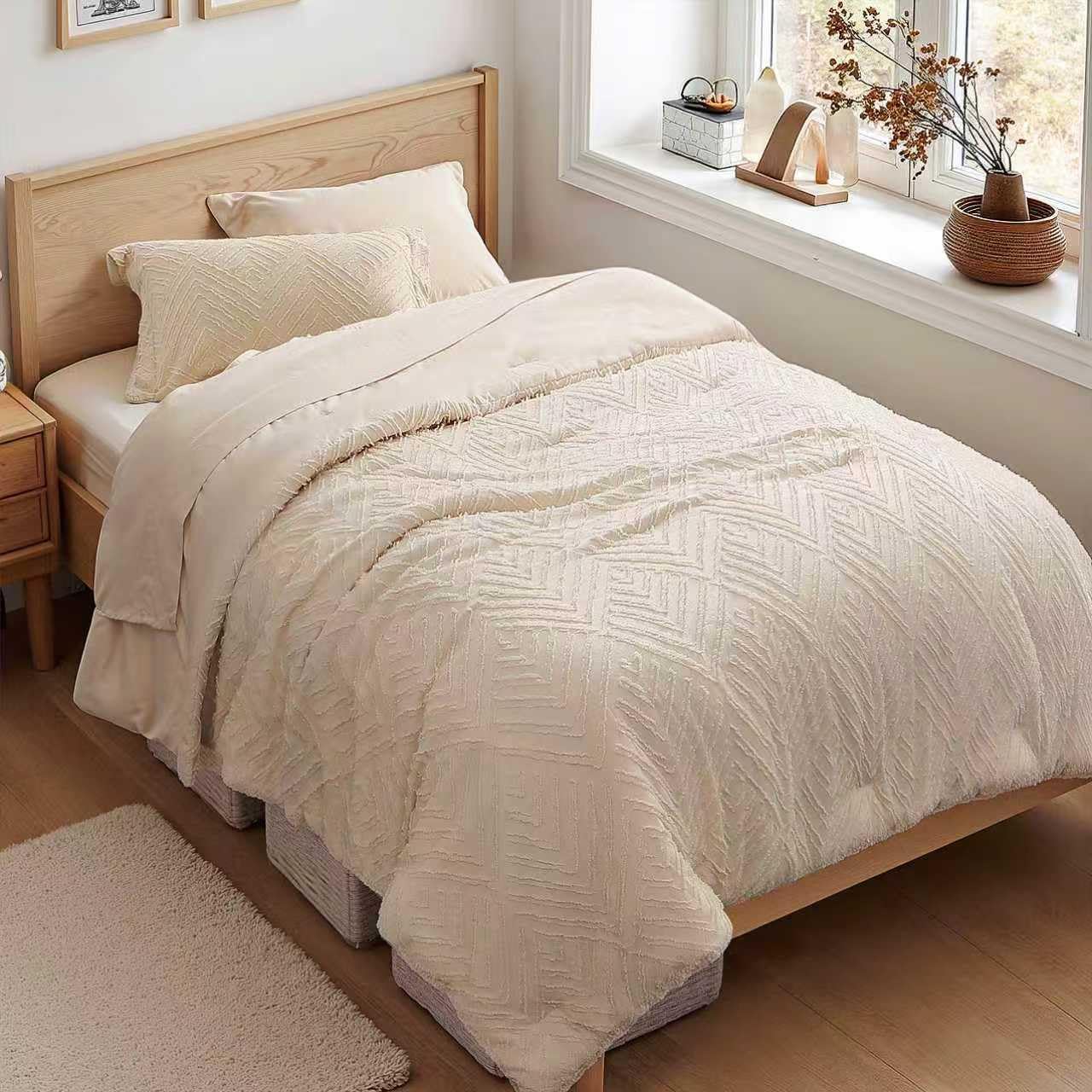 Zzlpp Twin Comforter Set 5 Pieces, Beige Tufted Bed in a Bag with Comforter, Pillow Sham, Pillowcase, Flat Sheet, Fitted Sheet - All Season Boho