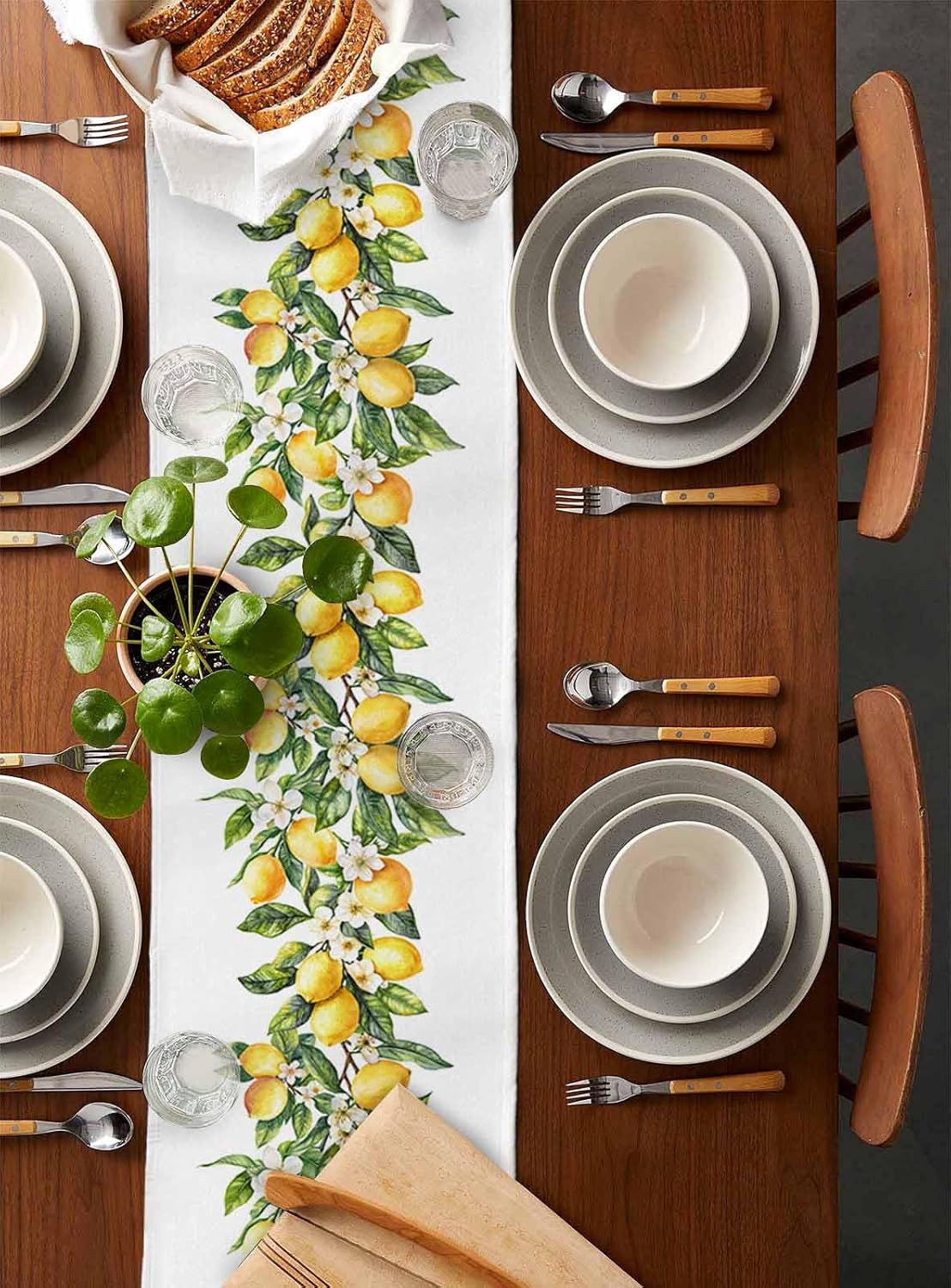 Dining Table Runner Dresser Scarf Linen Burlap Fabric,Summer Lemon Green Leaves Washable Table Runners 72 Inches Long for Farmhouse Home Kitchen Wedding Party Decor