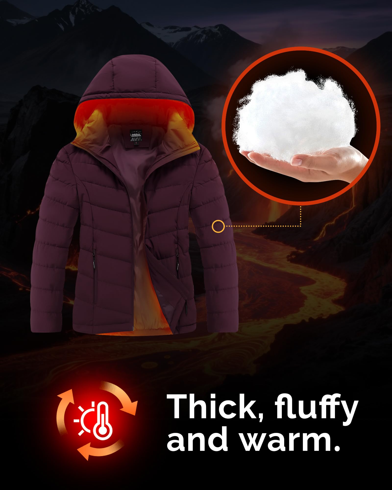 Outdoor Ventures Chaqueta impermeable para mujer, cálida chaqueta de invierno con capucha, ligera, acolchada, para senderismo, camping, viajes