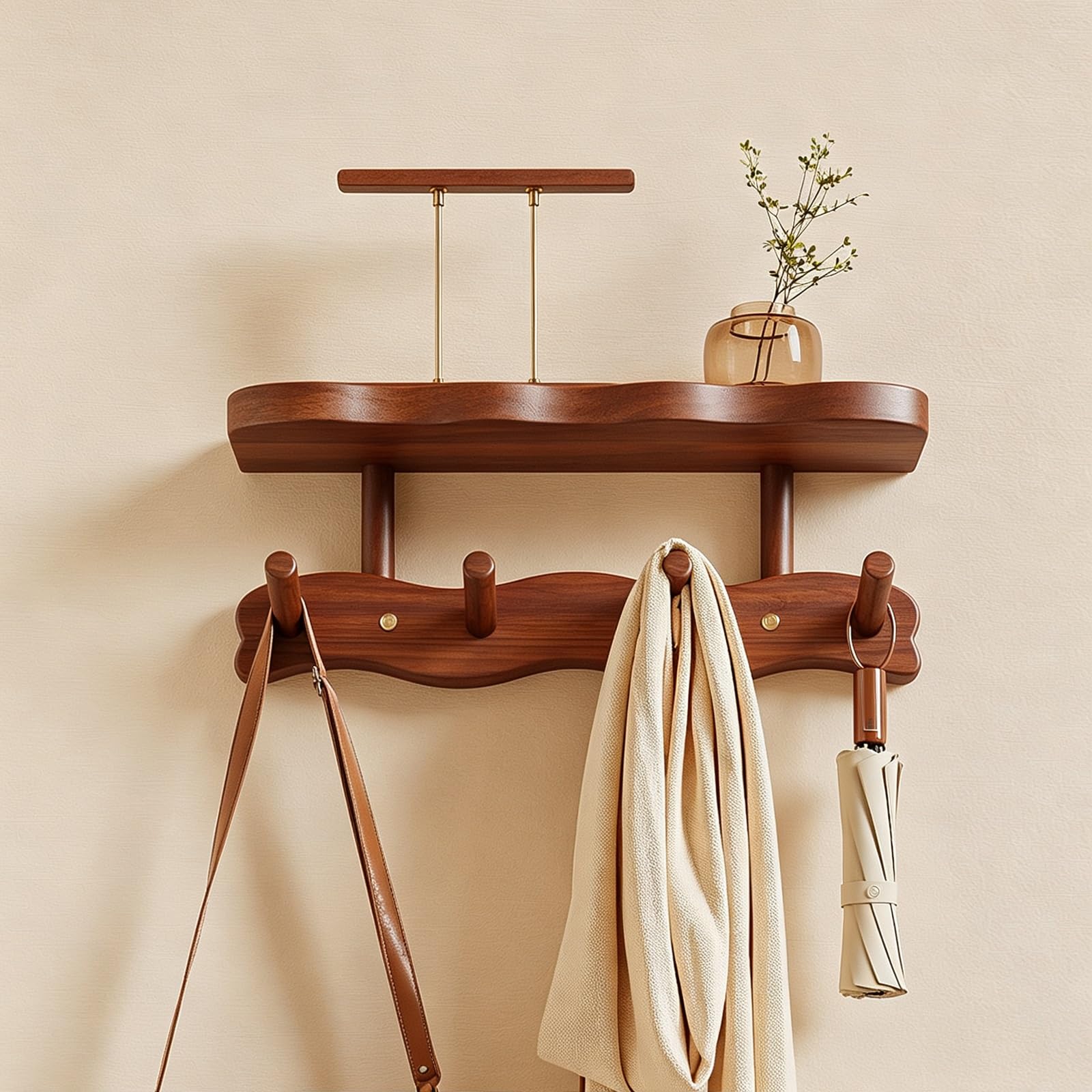 Ltsrll Walnut Wooden Wall Entryway Coat Rack Hooks With Shelves