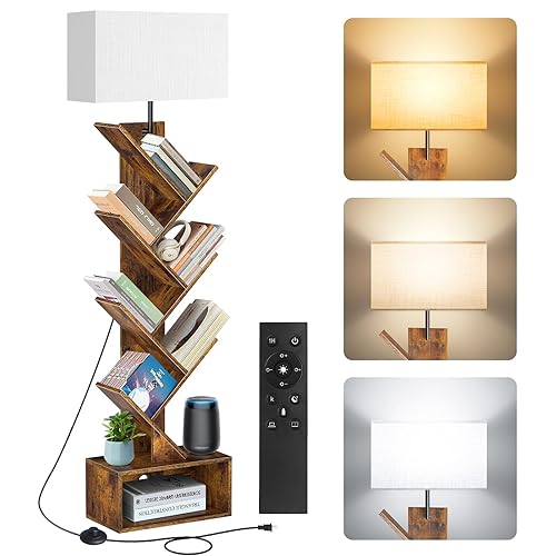 OUTONLIFE Bookshelf with Light & Remote Control, 6 Tier Dimmable Tall Tree Book Shelf, Narrow Wood Bookcase for Books/CDs/Movies, Small Book Organizer Shelves for Bedroom, Living Room, Home Office - Rustic Brown
