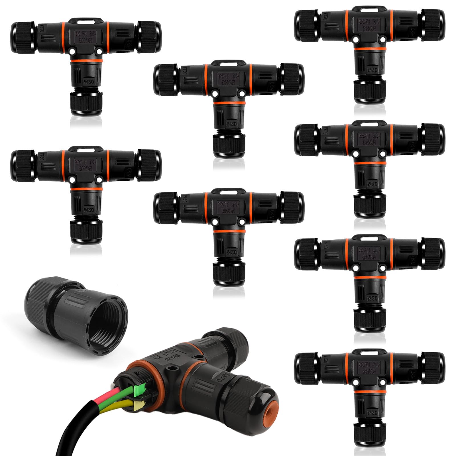 8 Stück Kabelverbinder Wasserdicht IP68, T-Form Verteilerdose Klemmdose Kabelverbinder Wasserdicht 3-polig Erdkabel Verbindungsmuffe für Ø3-12 mm Kabeldurchmesser