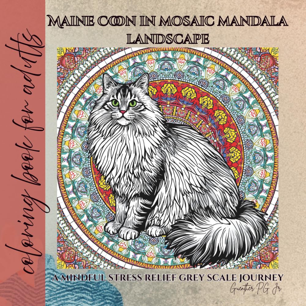 coloring book for adults Maine Coon in mosaic mandala landscape: a mindful stress relief grey scale journey