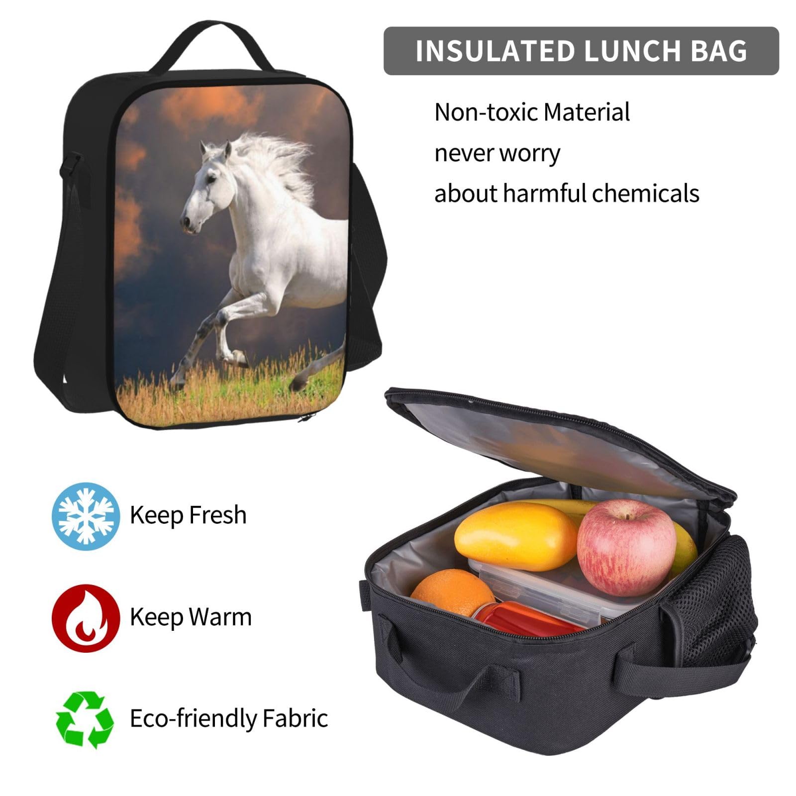 YSOLDA Juego de mochila, mochila escolar, mochila, juego de 3 piezas con bolsa de almuerzo, estuche para lápices,Patrón de caballos blancos